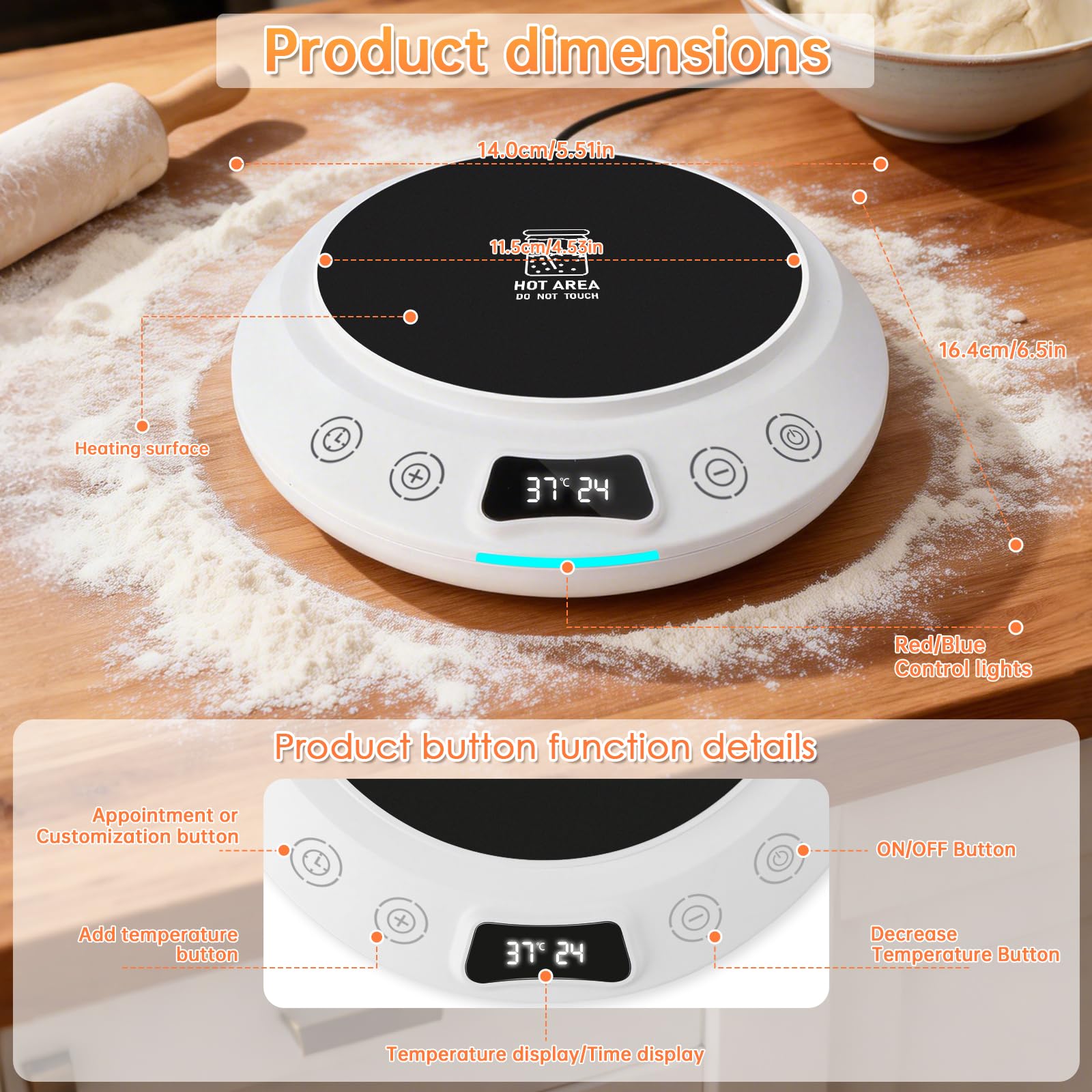 Calentador de masa madre, placa calefactora con termostato preciso de 1 °C (18-43 °C), temporizador de 24 horas y función de memoria, dispositivo de calentamiento con encendido y apagado automático, i