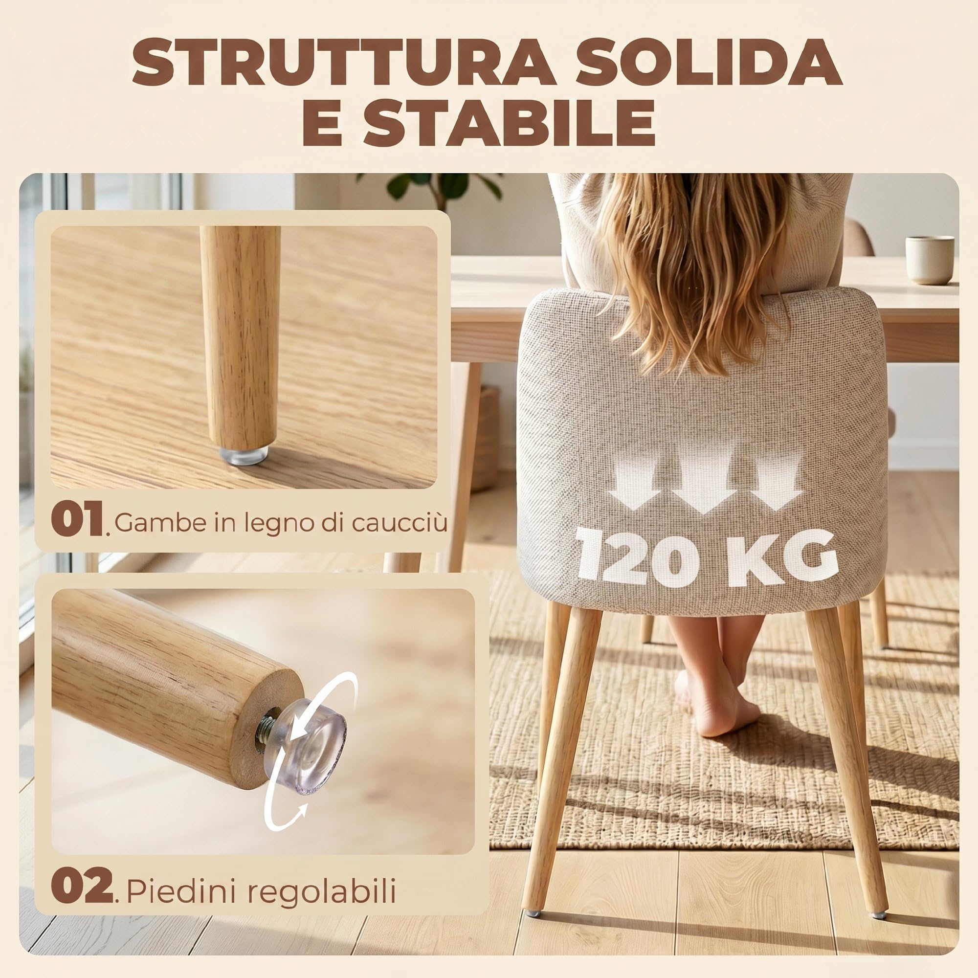 HOMCOM Set di 2 Sedie Sala da Pranzo in Tessuto Effetto Lino, Sedie Cucina Scandinave con Gambe in Legno di Caucciù, Schienale Curvo, Sedia Imbottita per Cucina, Camera da Letto, Soggiorno, Crema