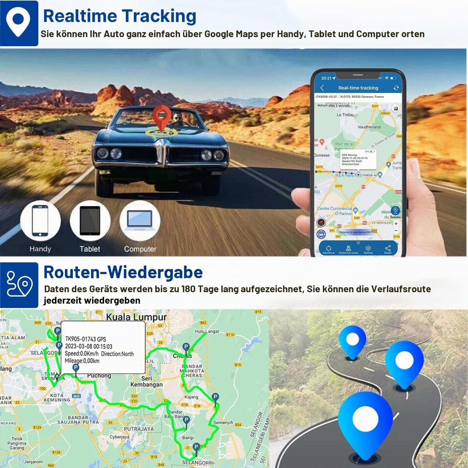GPS Tracker Auto 4G Tracker mit SIM-Karte Echtzeit Tracking Wasserdicht Diebstahlschutz Sehr Lange Akkulaufzeit 20000mAh Magnet GPS Tracker für Auto, Wohnmobil, LKW, Boot, Anhänger Kostenlose App