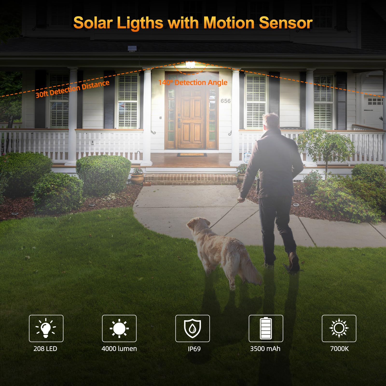 WeBeqer Luci Solari per Esterni, 208 LED Luce Solare per Esterni con Sensore di Movimento, IP65 Impermeabile, Angolo di Illuminazione 180°, Luce Solare da Parete per Giardino con Telecomando, Cavo 5m