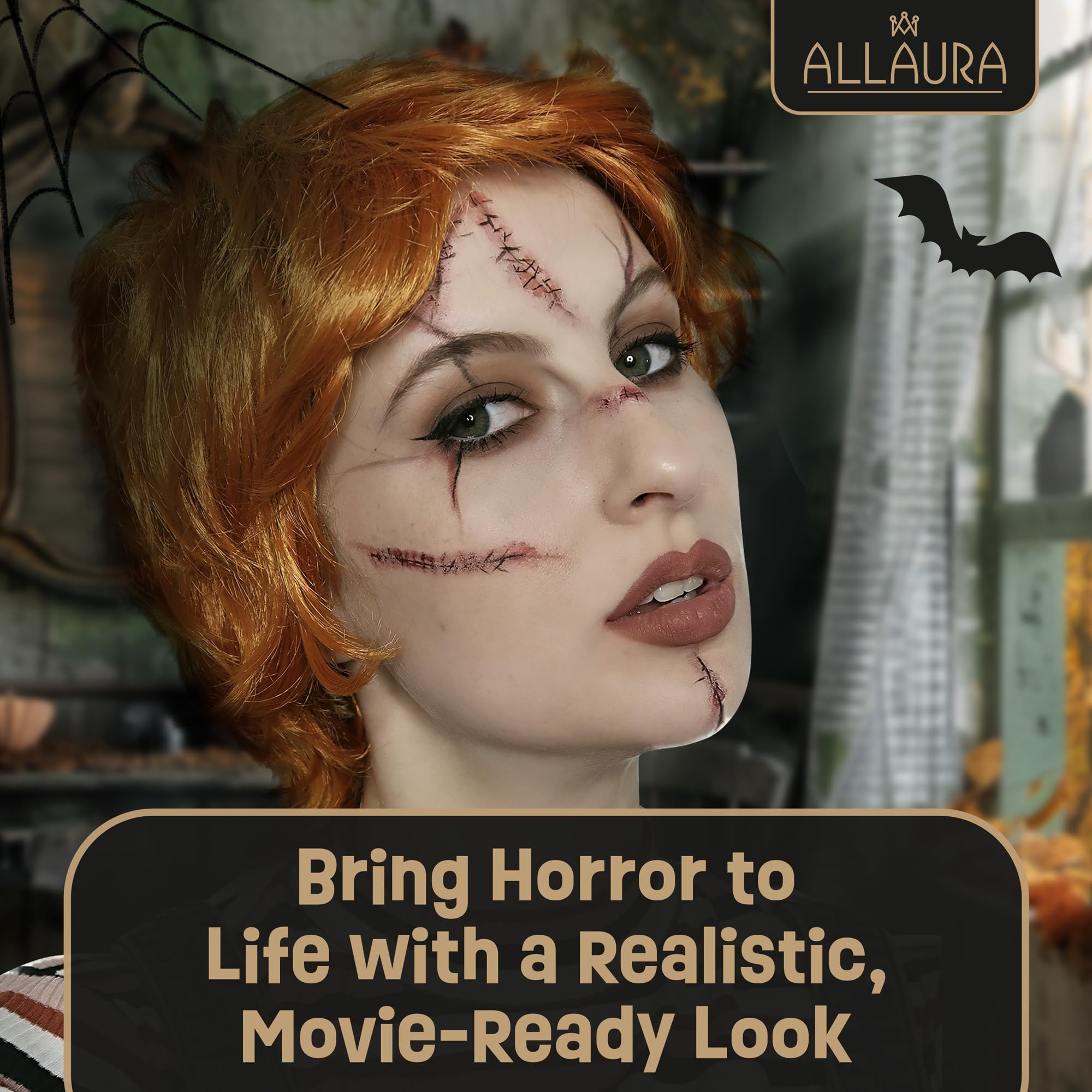 ALLAURA Evil Killer Doll Wig Orange Halloween Wig ñ Includes Scar Tattoos Anime Cosplay Halloween Costume - Image 2