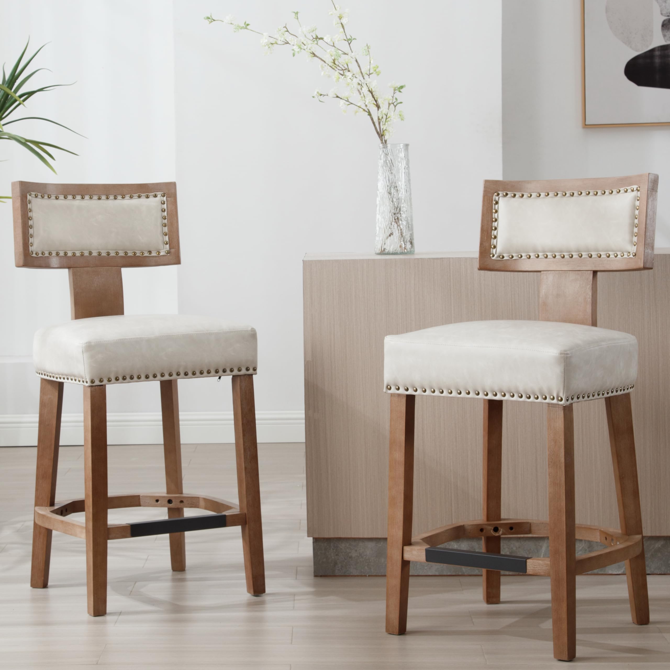 RIVOVA 26" Counter Height Bar Stools Set of 2 Modern Kitchen Barstools with Rivet Trim, Farmhouse Counter Stools Leather Upholstered Countertop Island