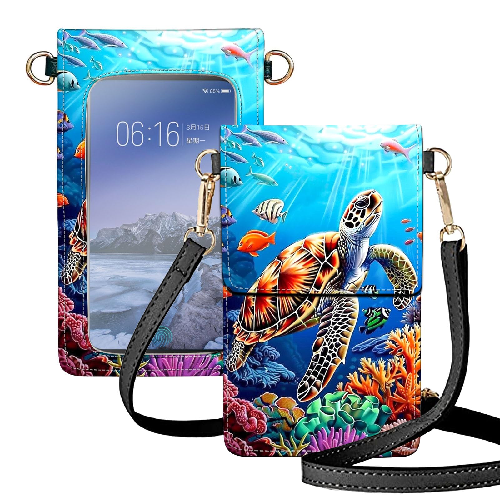 ETLKJVBL Crossbody Phone Case, Sea Turtle Swimming RFID Blocking Crossbody Bag with Card Slots & Phone Holder, Waterproof Anti-Theft Touch Screen