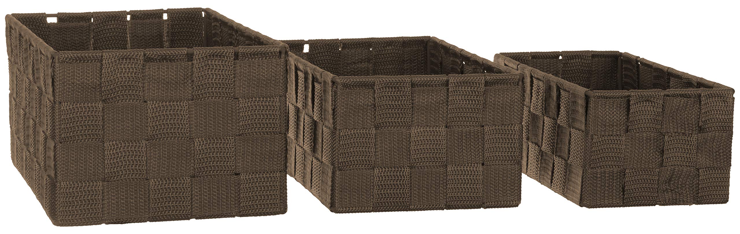 Brandsseller set di 3 Scatole Portaoggetti – 22x15x11 cm, 21x13x9,5 cm, 19x11x8,5 cm – Cestini rettangolari senza coperchio – intrecciati in effetto rattan con struttura in metallo – Marrone