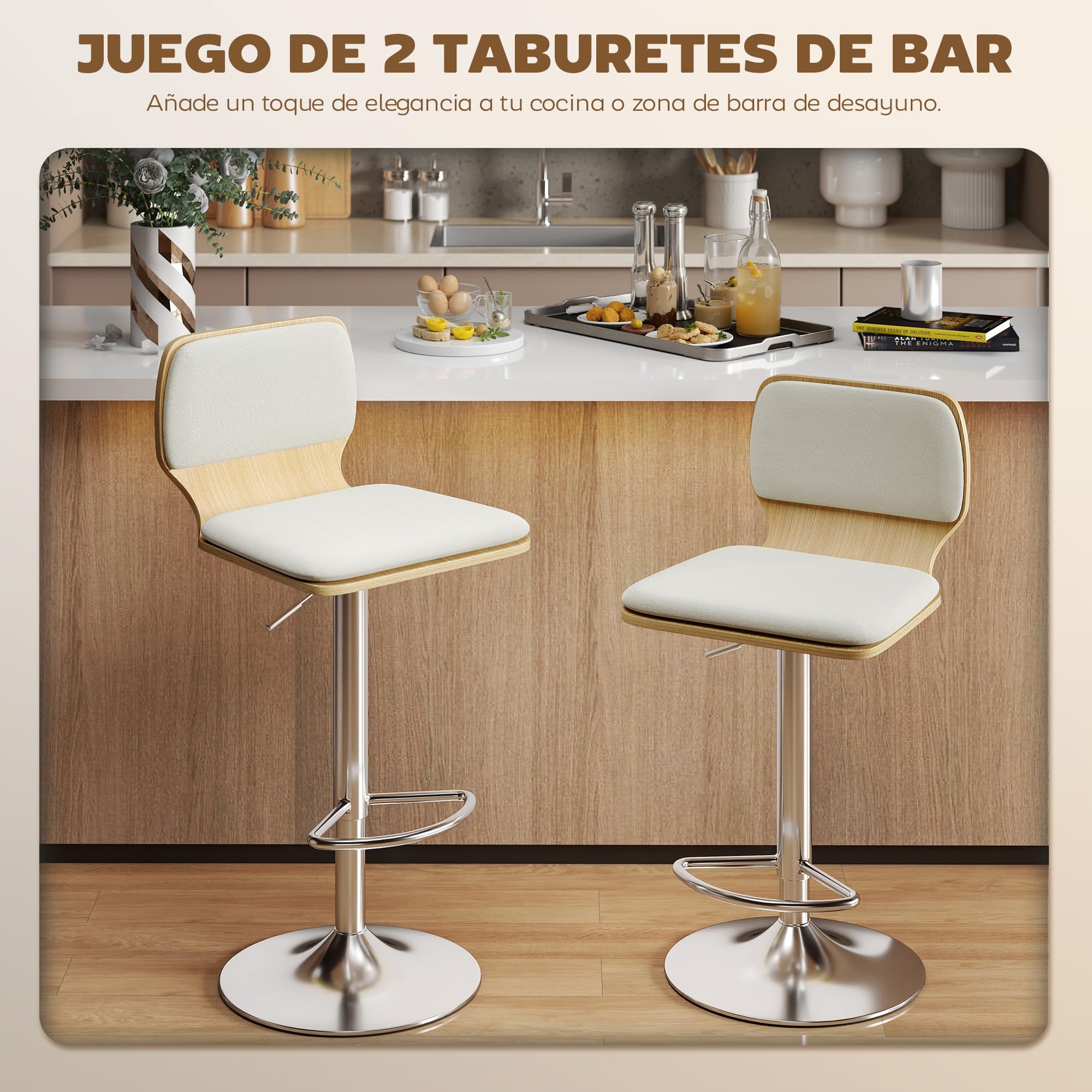 HOMCOM Juego de 2 Taburetes Altos de Cocina Giratorios en 360°, Taburetes de Bar Regulables en Altura de 81-102 cm, Tapizados en Lino, Reposapiés, para Comedor, Mostrador, Beige