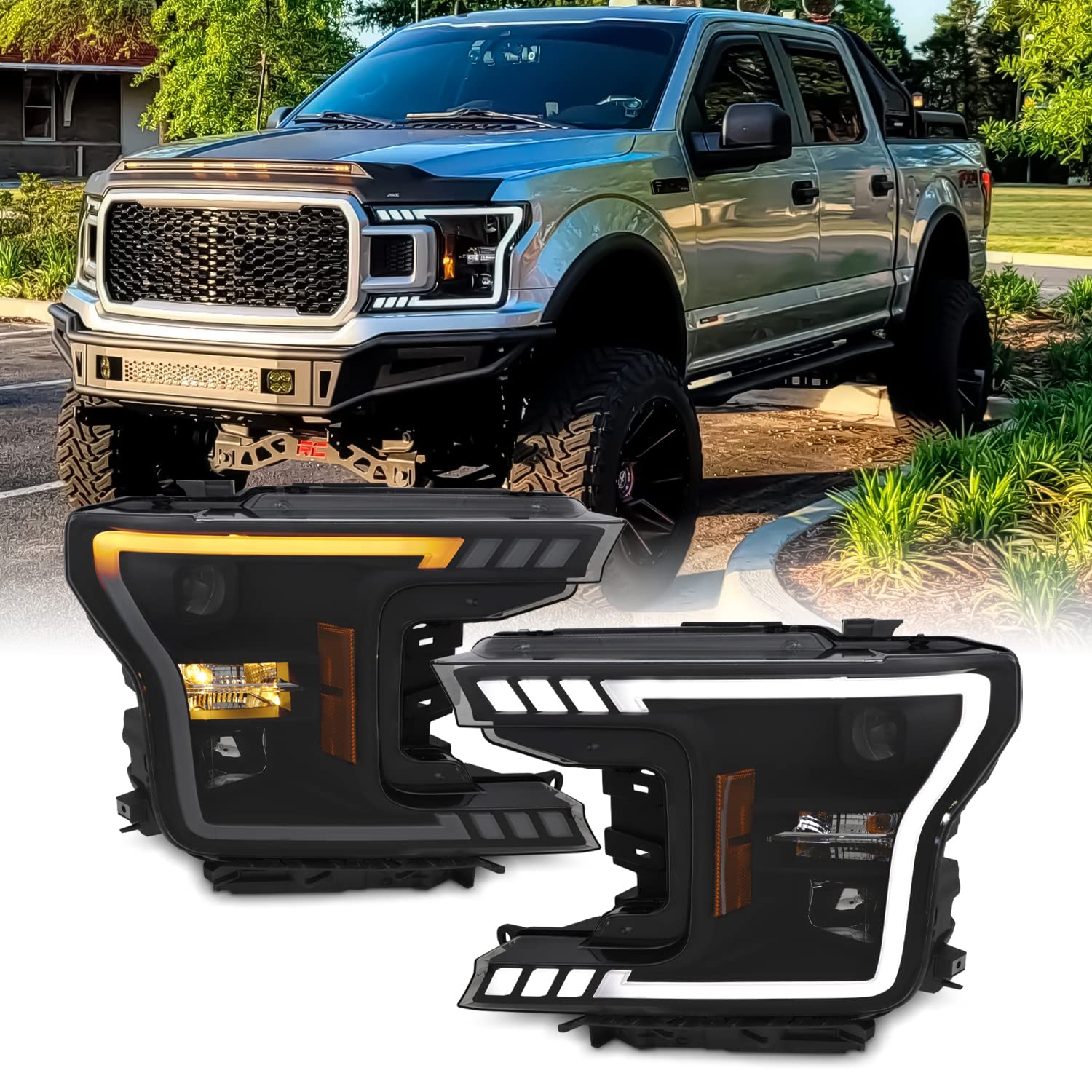Smoke LED Projector Headlights For 2018-2020 Ford F-150 - Pair Set, Black Housing, Error-Free Resistor Built-In