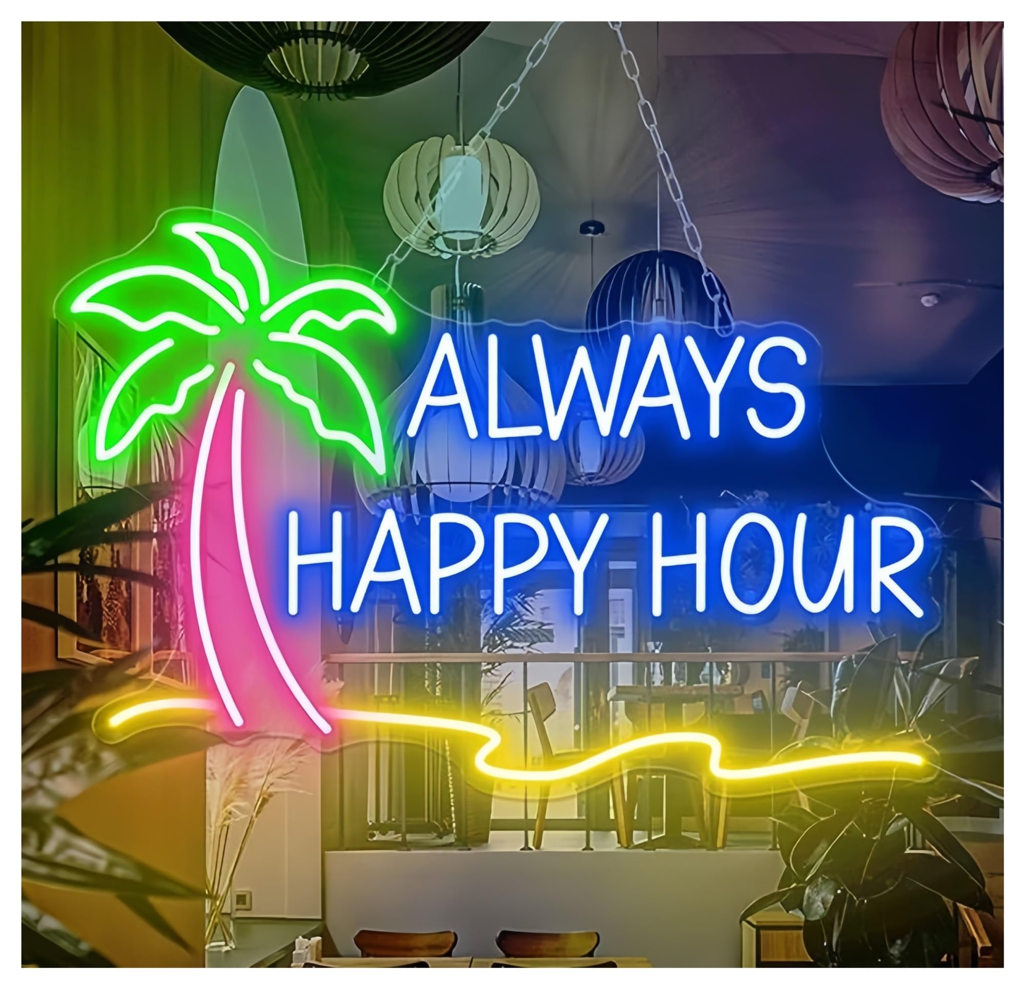 SHOUXI Sign Lamp Always Happy Hour Neon Sign Summer Bar Party Home Wall Hanging 55X35cm(F)