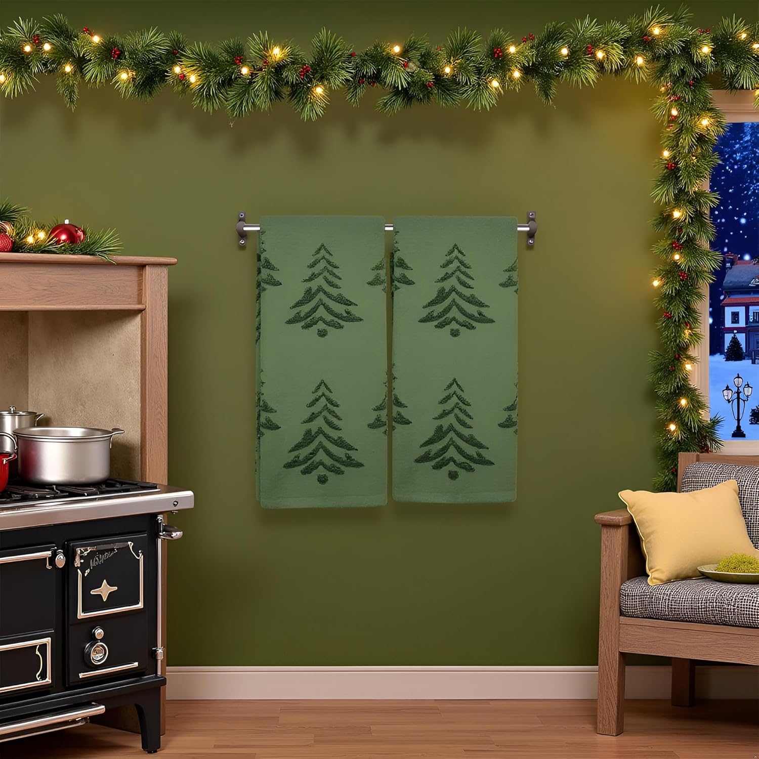 2 Pack Christmas tree Hand Towels 100% Cotton Jacquard holiday Kitchen dish Towels Retro Neutral Olive Green Bathroom Towels Set gift Seasonal Xmas Winter Bathroom Decor (Olive Green Christmas tree) - Image 4