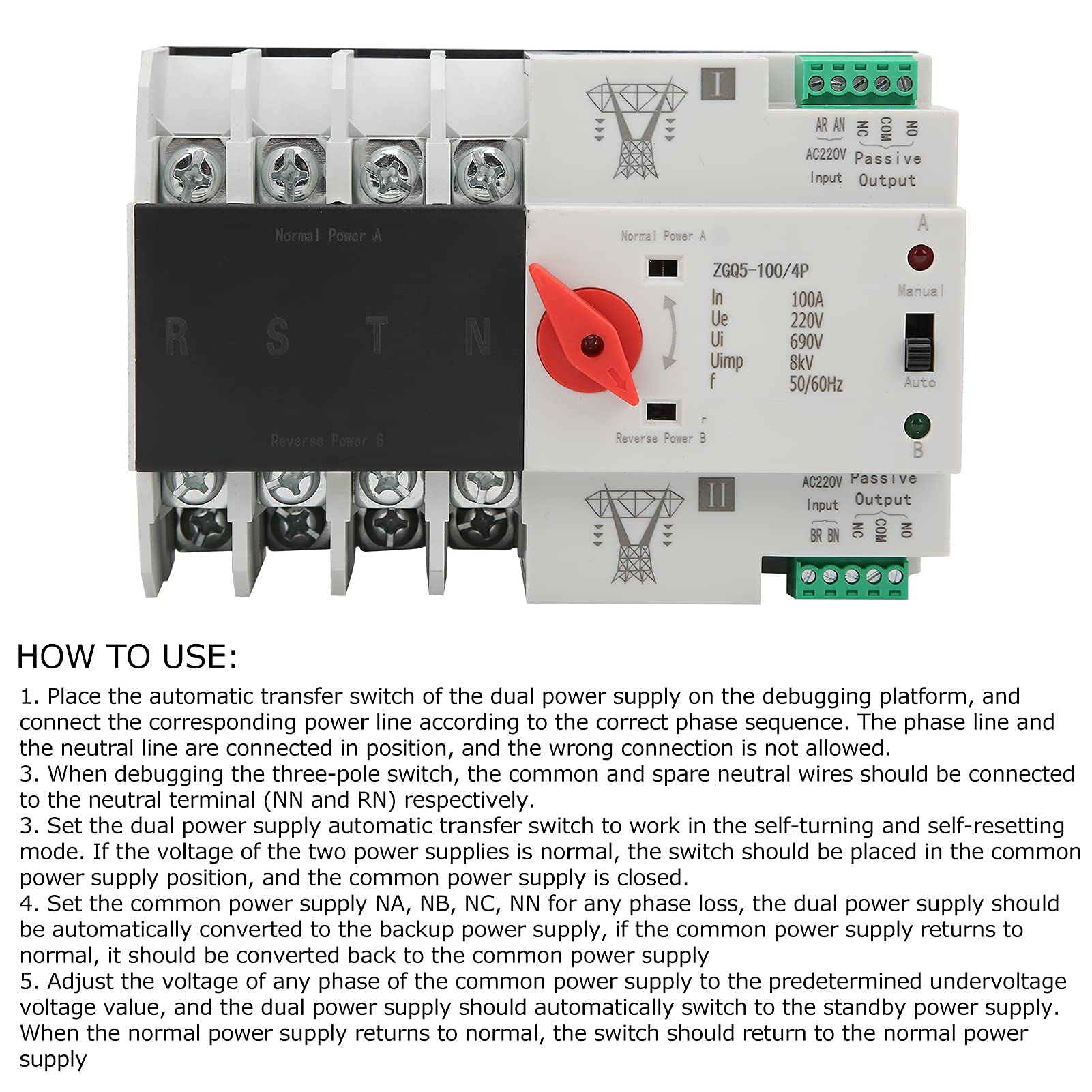 4P 220V Switch di Trasferimento, Commutatore di Trasferimento in Plastica Ignifuga Controllore Dell'interruttore di Trasferimento Automatico a Doppia Alimentazione ZGQ5-100