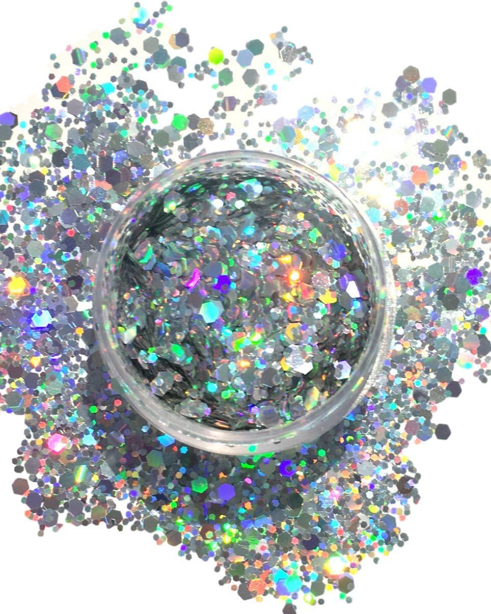 Silver Holographic Chunky Glitter Large 15G Comestic Glitter Festival Rave Face Body Hair Nails