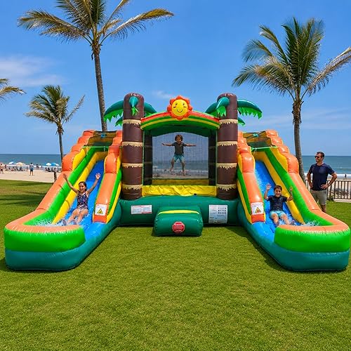 Crossover Tropical Double Water Slide Bounce House Combo, 16.5 x 15 x 11 Foot, PVC Vinyl Inflatable Bouncy House for Kids, Wet or Dry Slides, with Stakes, Storage Bag and 1 HP Blower