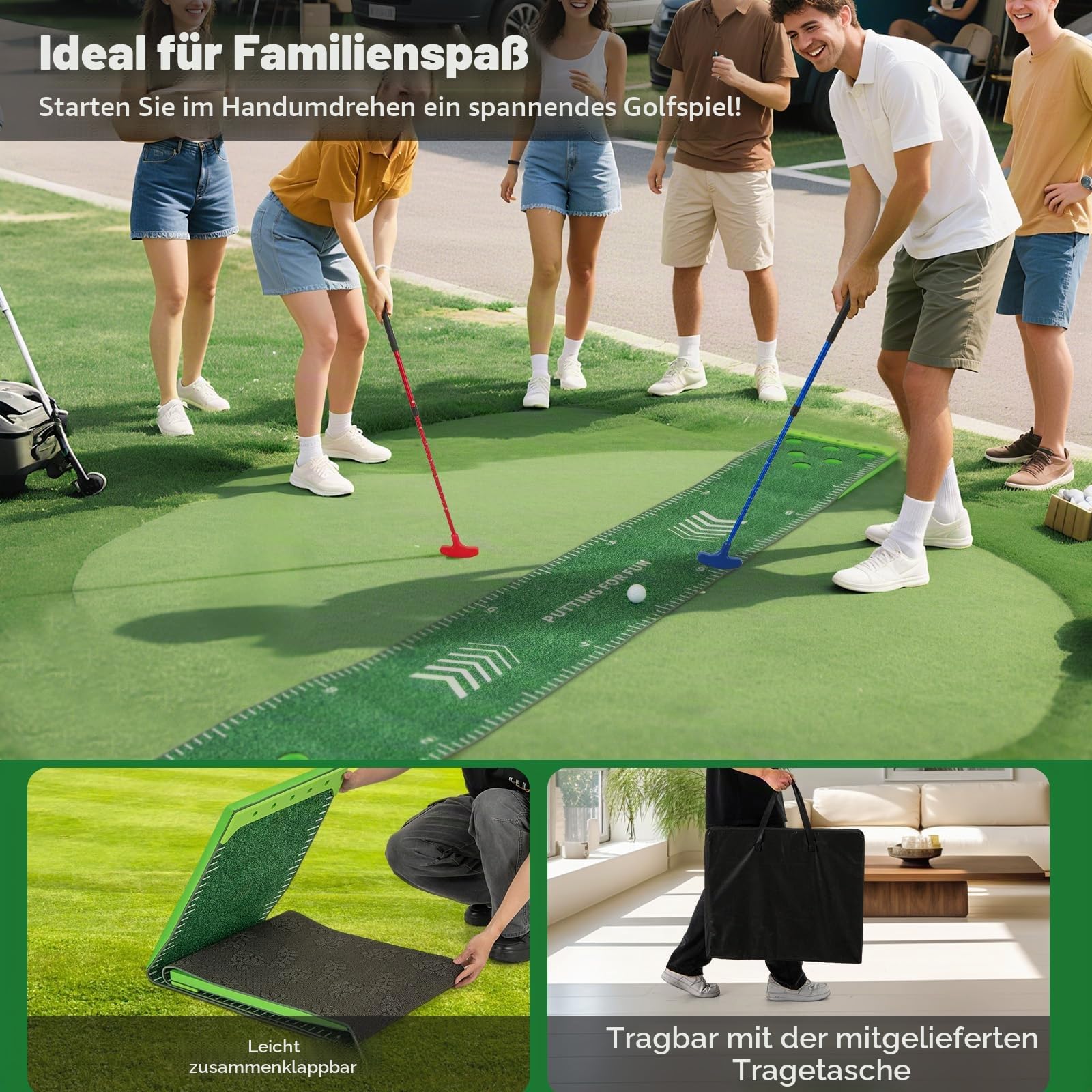 LIFEZEAL Faltbare Golfmatte, Schlagmatte mit 12 Löchern, Hitting Mat mit 2 Teleskop-Golfschlägern, 6 Bällen, Tasche, Golf Puttingmatte für Profis und Fans