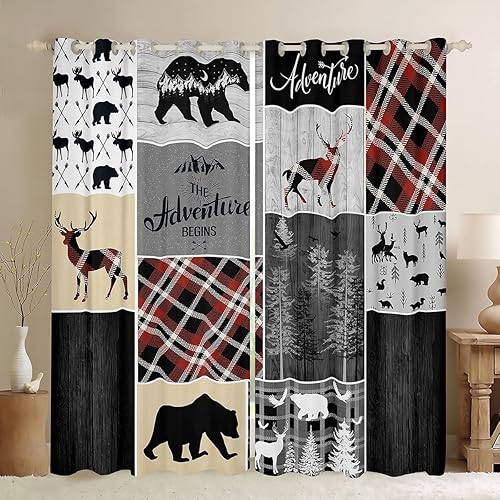 Cortinas opacas de ciervos de caza, cortinas rústicas retro para niños, adolescentes, adultos, decoración de dormitorio, cortinas de aventura de oso