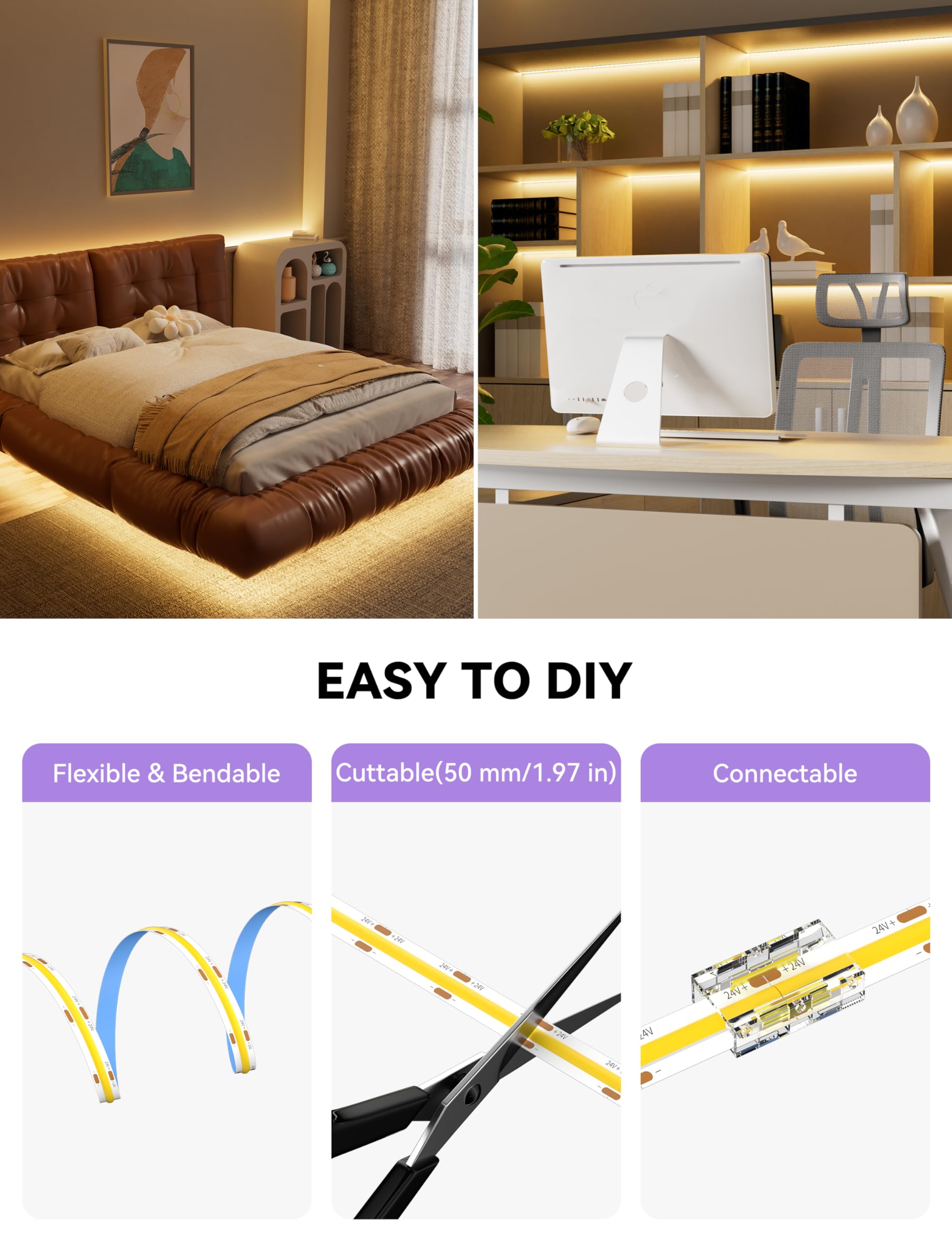 MIWISE Striscia LED COB 2700 K bianco caldo 20 piedi super luminoso dimmerabile 24 V CRI 90+ striscia luminosa flessibile con telecomando RF per l'illuminazione dell'armadio domestico