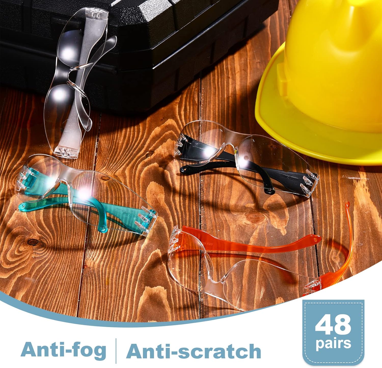 Weewooday 48 Pairs Clear Safety Glasses Bulk for Women Men Anti Fog Safety Goggles Eye Protection Impact Scratch Resistant Protective Eyewear for Work Lab Construction Carpentry Shooting, 4 Colors