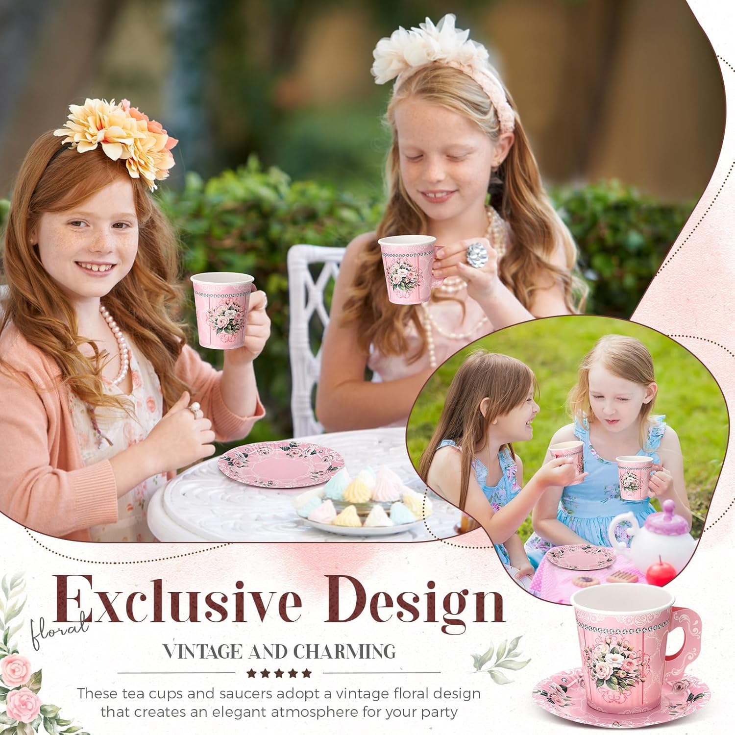 Nuogo 200 Pcs Floral Paper Tea Cups and Saucers 7 oz Disposable Paper Teacups with Handle and Plates for Tea Party Decoration Wedding Birthday Baby Shower Bridal Mother's Day, Serve 100(Pink)