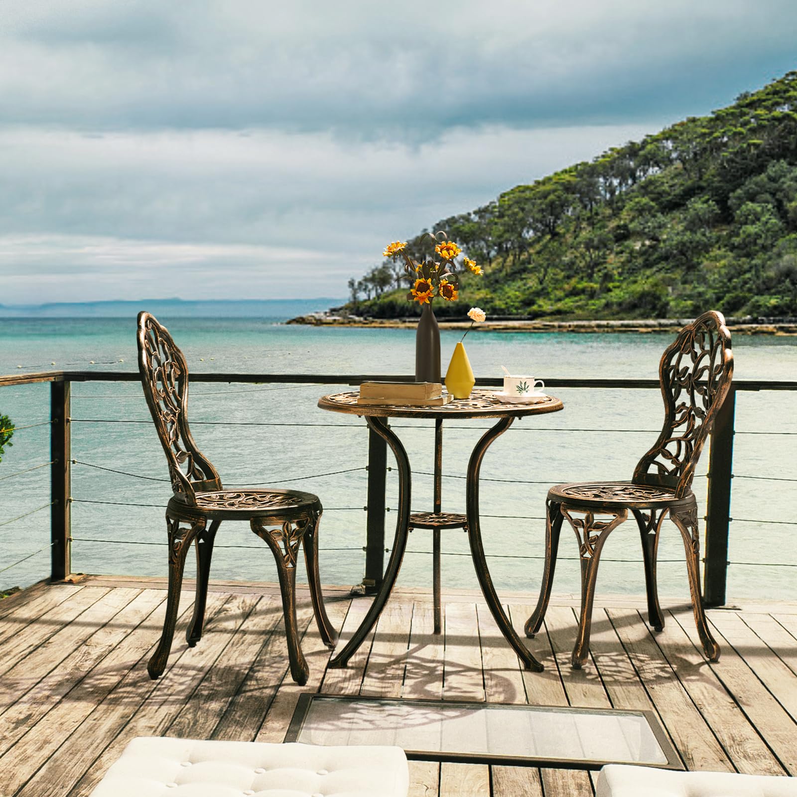 Yaheetech 3 Pieces Garden Furniture Set 2 Chairs & 1 Table Metal Bistro Set Seating Area Garden Set for 2 People, Weatherproof Furniture for Balcony/Terrace/Garden, Bronze