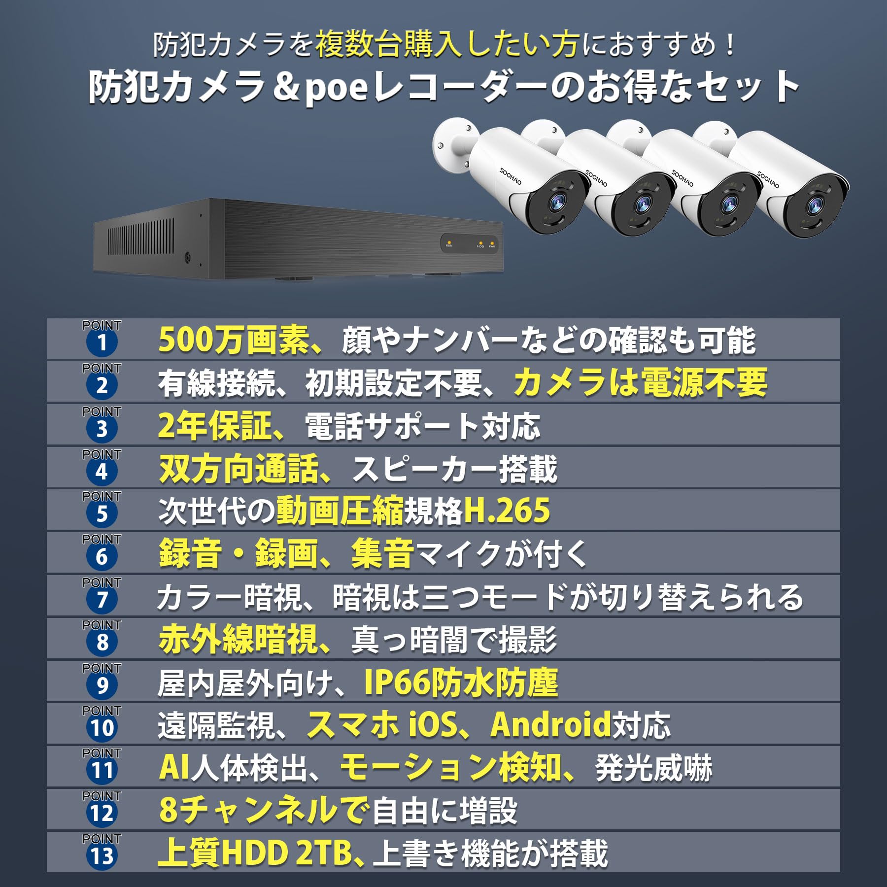 Amazon.co.jp: 【500万画素・AI人体検出・カラー暗視】SOOHAO 防犯