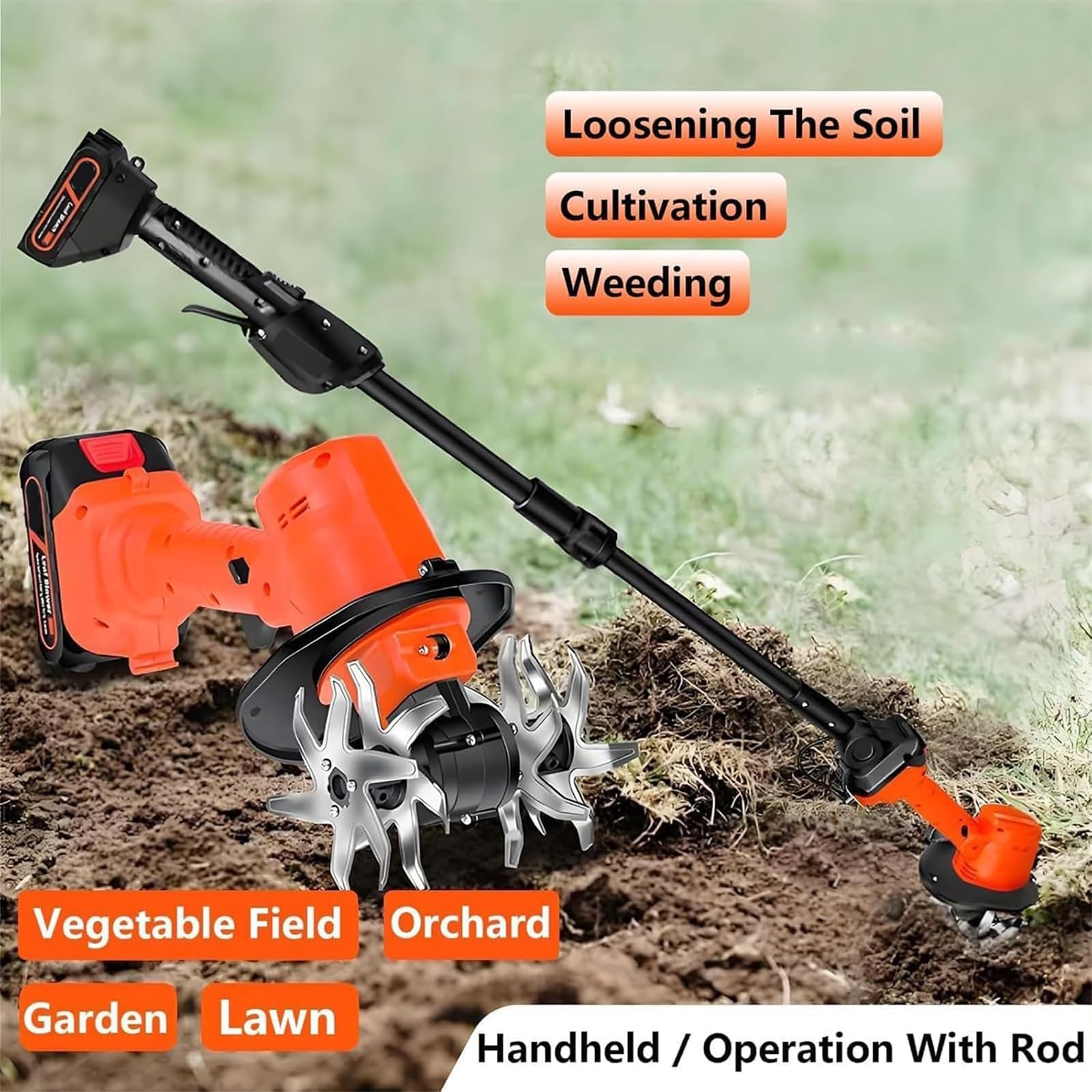 Rotavator da Giardino Elettrico Mini Coltivatore Senza Fili con 2 * Batterie 21v E Asta Lunga profondità di Lavoro 10cm Larghezza di Lavoro 10cm Rotavator Elettrico per Giardinaggio Prato S with Pole