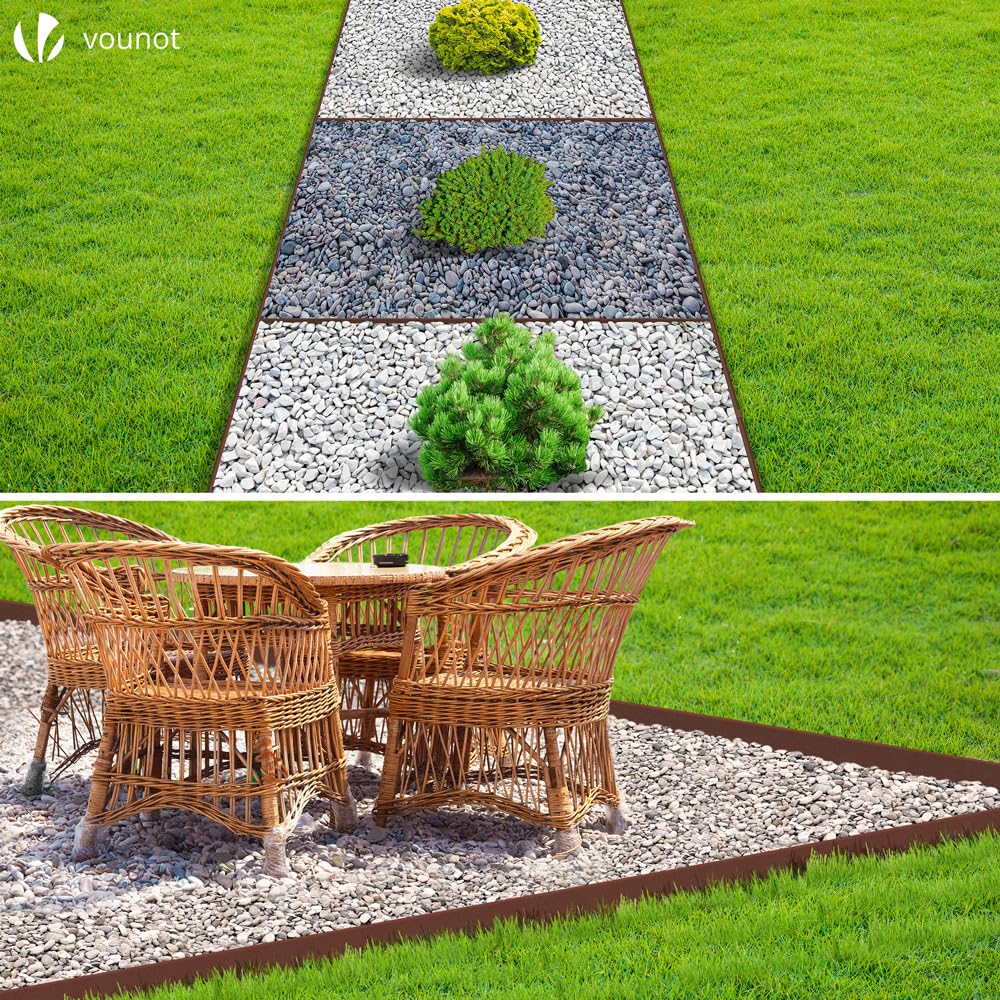VOUNOT® Borde Jardín Césped Borde, Bordillo Escondido Flexible de PE Aspecto Natural, Longitud 20 m Altura 13 cm Espesor 3 mm con 12 Estacas de Anclaje, Marrón (Paquete de 2)
