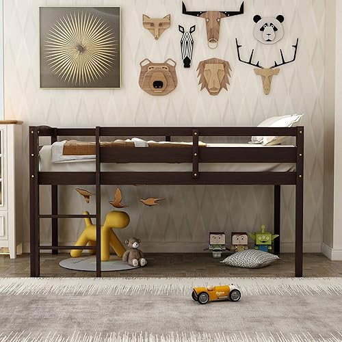 Miniatura 3 de P PURLOVE Cama tipo loft de tamaño individual, cama baja de madera con escalera para niños, no necesita somier