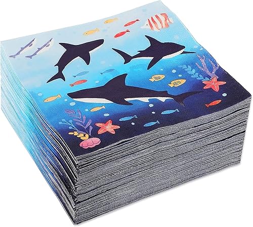 Miniatura 1 de Servilletas de papel de tiburón para suministros de fiesta de cumpleaños (6.5 x 6.5 pulgadas, paquete de 100)