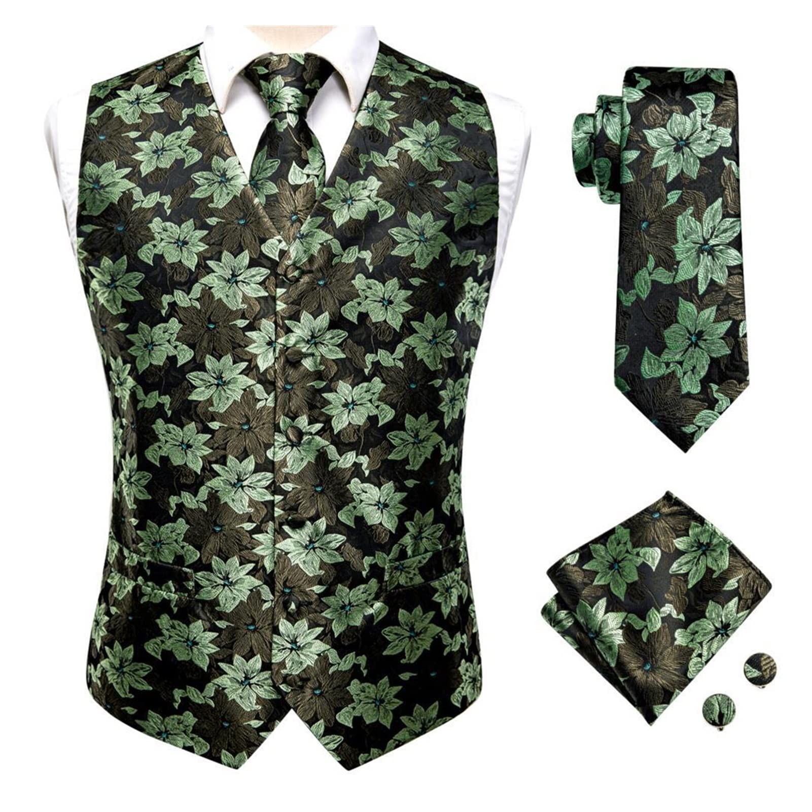 ZZZYW Silk Mens Vests Jacquard Floral Waist Coat Jacket Necktie Hanky Cufflinks For Men Sleeveless (Color : MJ-0032, Size : L)