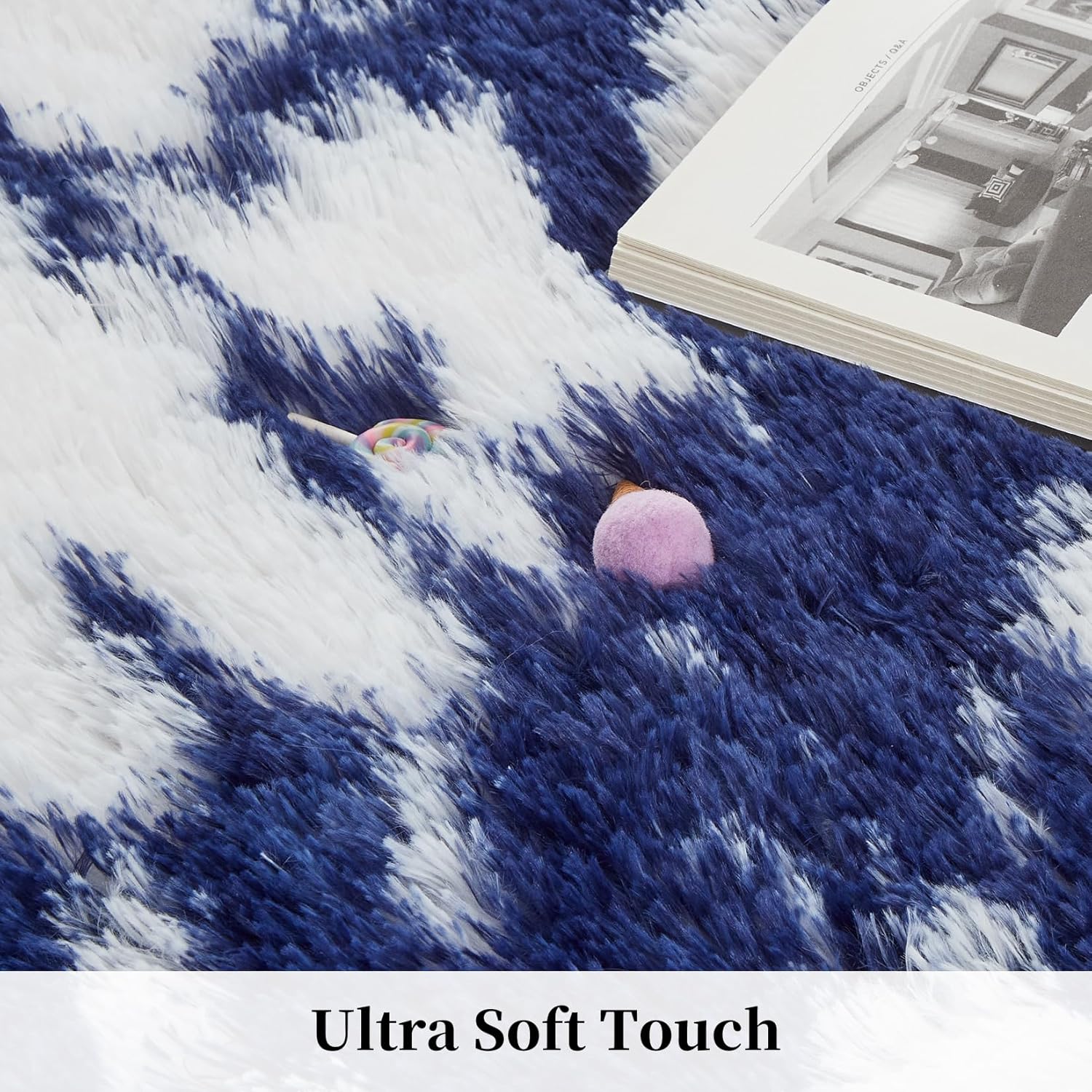 2x6 Soft Runner Rugs for Bedroom Plush Fluffy Hallway Runners Non-Slip Furry Shag Rug Runner Non-Shedding Indoor Shaggy Runners for Entryway Kitchen Laundry Bedside Nursery Blue/White