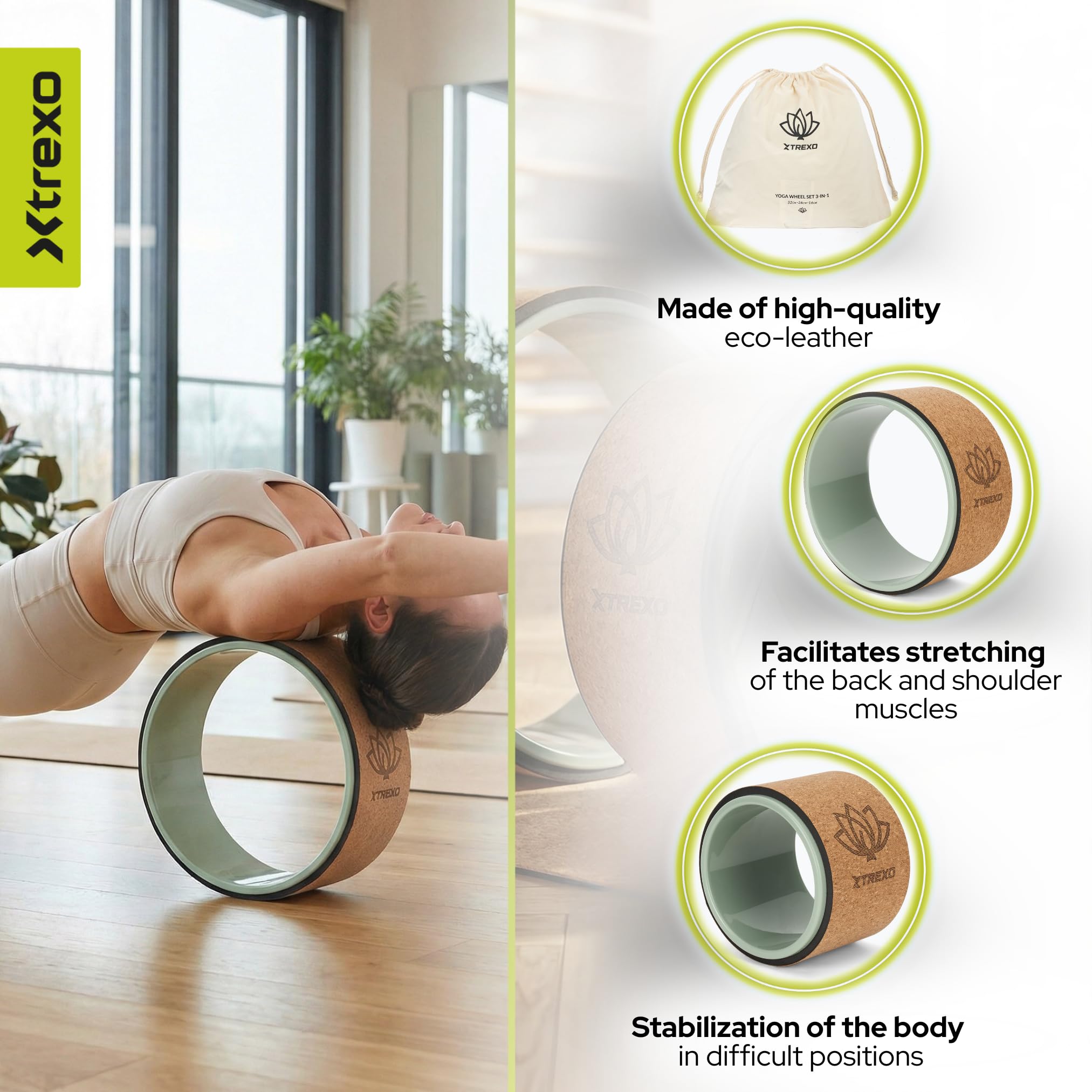 XTREXO FlowWheel 3 en 1 – Lot de roues de yoga Vert olive (grand/moyen/petit) Antidérapantes pour étirement du dos, équilibre et entraînement de cœur, yoga et Pilates