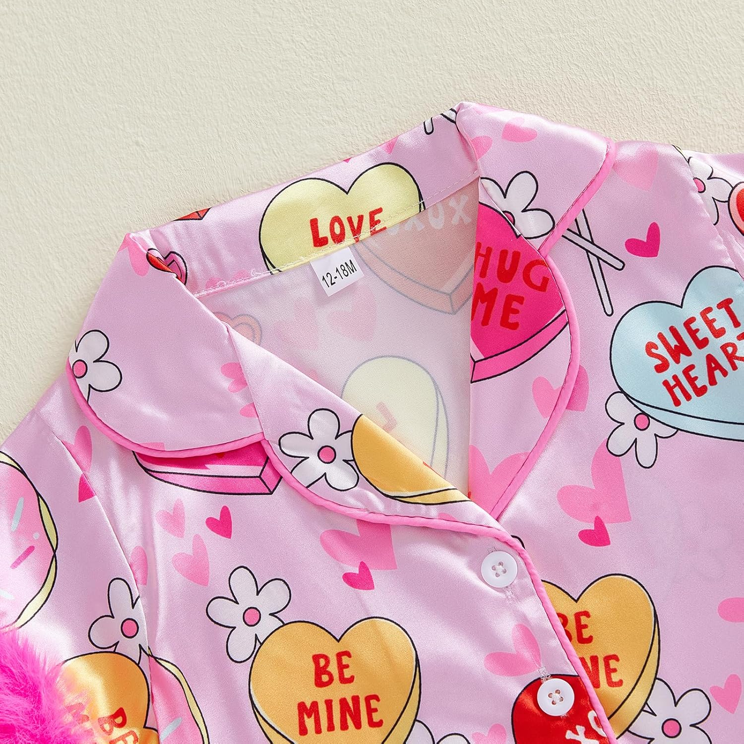 Kuriozud Kids Toddler Girl Valentines Pajamas Fuzzy Trim Satin Button Down Shirt Top and Shorts 2pcs Pjs Sets Sleepwear - Image 6