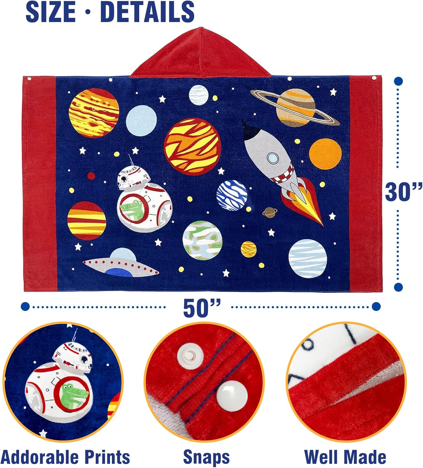 Kids Hooded Bath Towel-Soft Thick 100% Cotton Hooded Beach Towel for Kids 3-10 Years,Absorbent Fast-Drying Cute Toddler Bath & Swim Towel,for Boys & Girls 30"x50"(Space Navy) - Image 2
