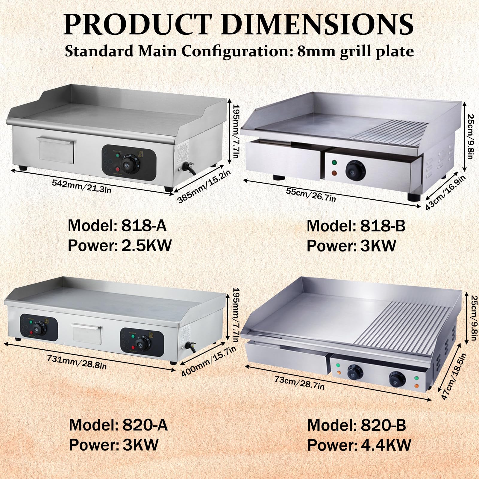 Plancha EléCtrica Comercial, Plancha EléCtrica Profesional, ProteccióN contra Salpicaduras Y Calor, Bandeja Recogegrasa, para Carne Y Panqueques 818-B