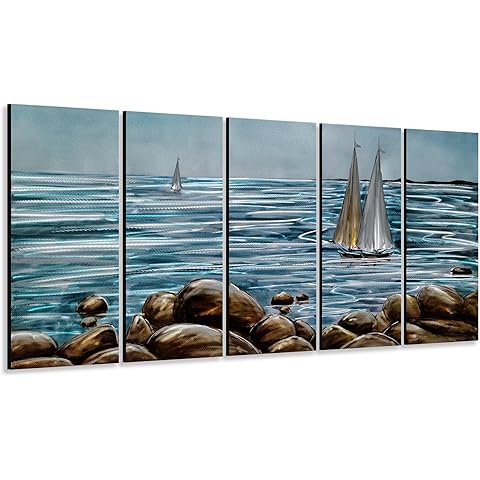 Yihui Arts Coastal Metal Wall Art - Unique Handcrafted 5-Piece Aluminum Artwork with Sailing Ship, Boat, Beach, Sea Waves, and Vintage Blue Silver Theme for Modern Home Decor