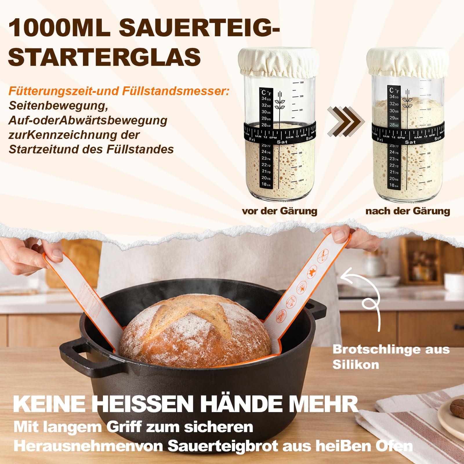 Gusseisen Topf Brot Backen 26cm mit Sauerteig Starter Set | Brotbackset Sauerteig inkl. Gärkörbchen aus Rattan(25cm rund), Gärglas & Zubehör – Brotbackform mit Deckel(Dutch Oven)