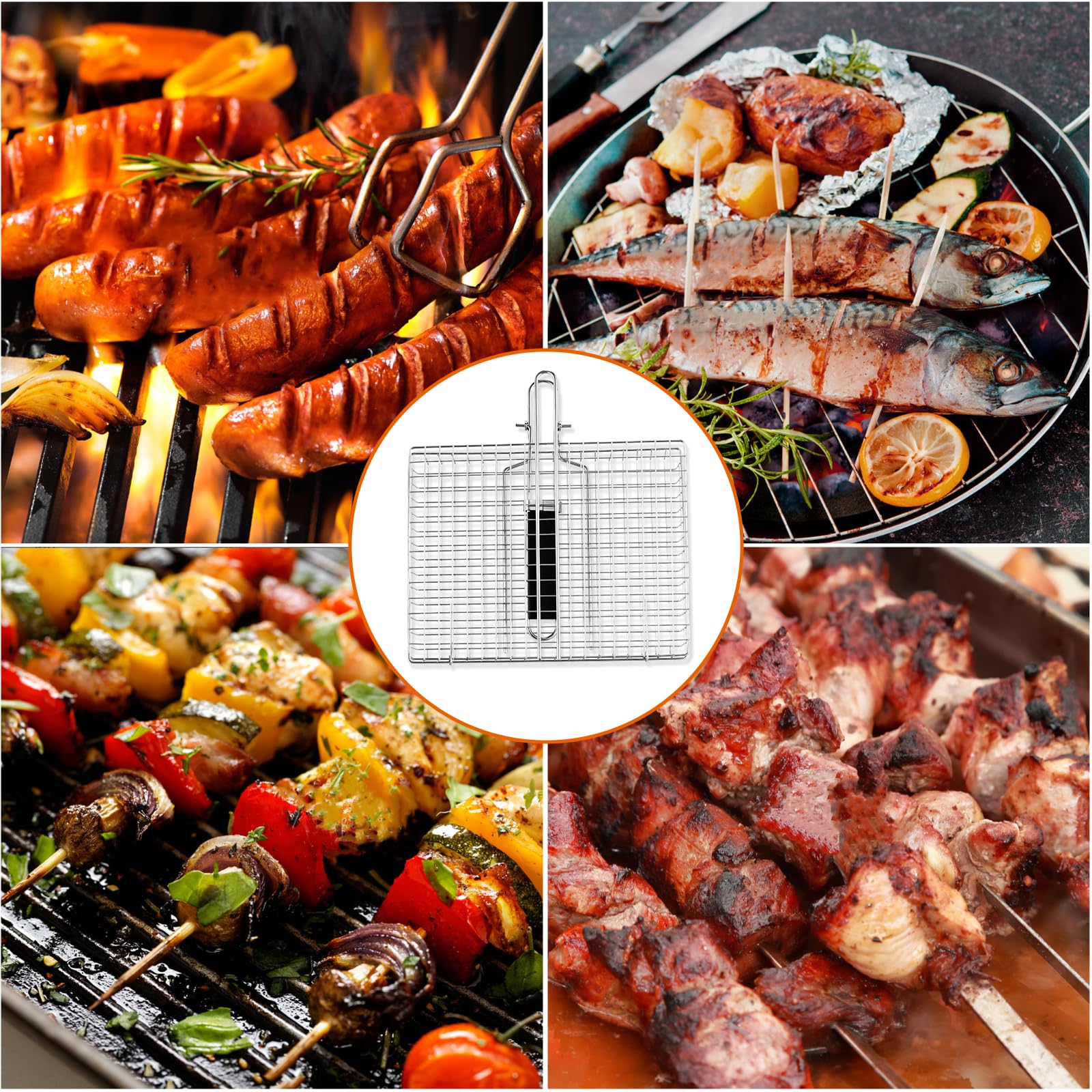 BEWOS Cestino per Grigliate di Pesce, Griglia Barbecue in Acciaio Inox con Borsa e Spazzola, Pieghevole e Portatile, Graticola per Barbecue con Manico Rimovibile per Bistecche di Pesce e Verdure