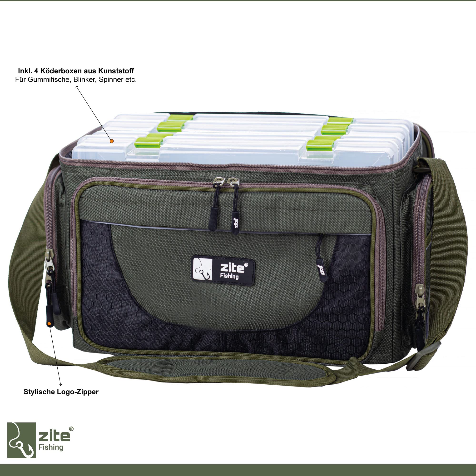Zite Fishing Angeltasche mit Boxen [4 Köder-Boxen inkl] Umhängetasche als Angelkoffer-Rucksack Alternative, Angeltaschen/Fishing Bag, Angler Tasche, Angeltasche groß, Angeln-Tasche
