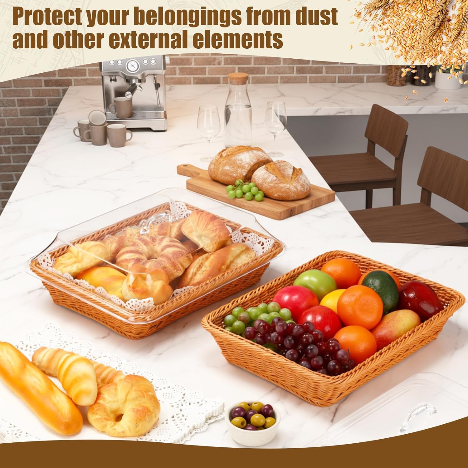Mumufy 2 Packs Bread Baskets for Serving with Lid 15.75x11.81x2.95inch and 50 Pcs Food Blotting Sheets 17.72x12.60inch Imitation Rattan Bread Basket Fruit Food Storage Basket for Baker Gift Easter