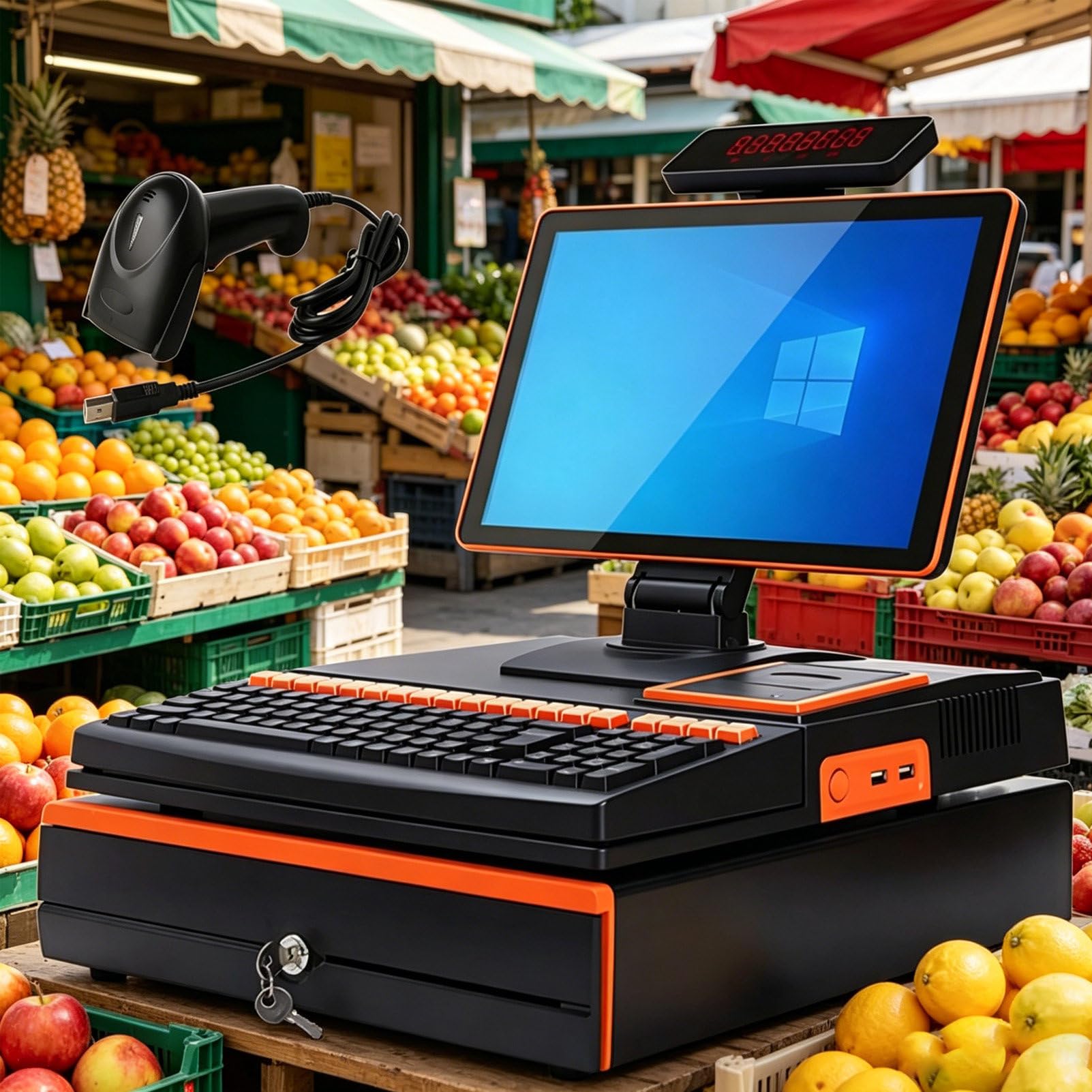 Pvxa All-in-One POS Cash Register System, 15.6" Touch Screen Dual Core 64GB, 58mm Thermal Printer Cash Drawer Barcode Scanner, for Retail Restaurant Supermarket SingleScreen-Orange