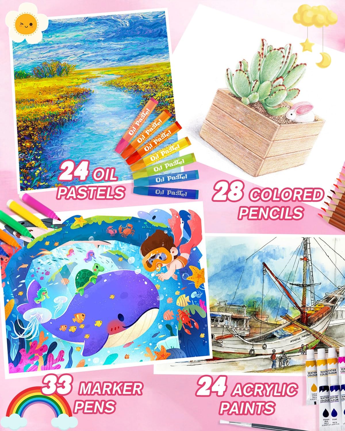 Stiften Kleurpotloden Oliepastel 168-delige Tekenset Voor Kinderen In Het Thema Kasteel, WEEKSUN Tekenset Met Markers, Oliepastel, Kleurpotloden, Aquareltaart Enz., Voor Kinderen En Volwassenen Kleurpotloden Set