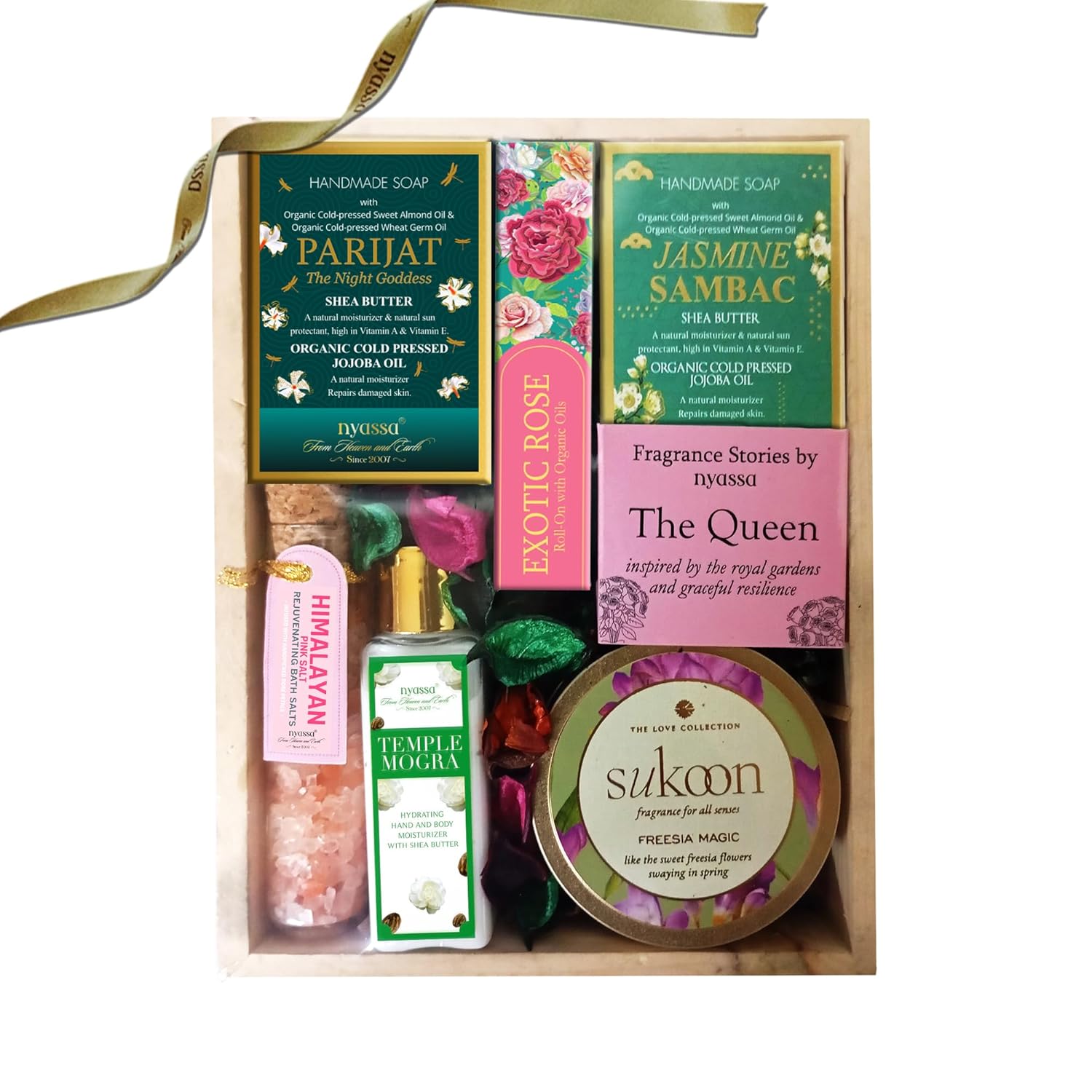 Nyassa The fragrance stories by nyassa: THE QUEEN Gift set | Natural Bath and Body Care Set | Handmade Soap | Roll On |Hand & Body Moisturizer | Bath Salt | Scented Candle | Premium Pampering Kit for All Special Occasions for Women
