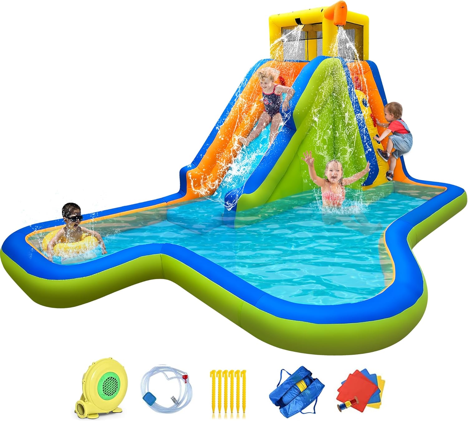 RETRO JUMP Inflatable Water Slide,6 in 1 Water Park Outdoor Backyard,Waterslide Water Bounce House with Slide,Splash Pool,Climbing Wall,Sprinklers,Bouncy Castle for Wet and Dry,Blower Included