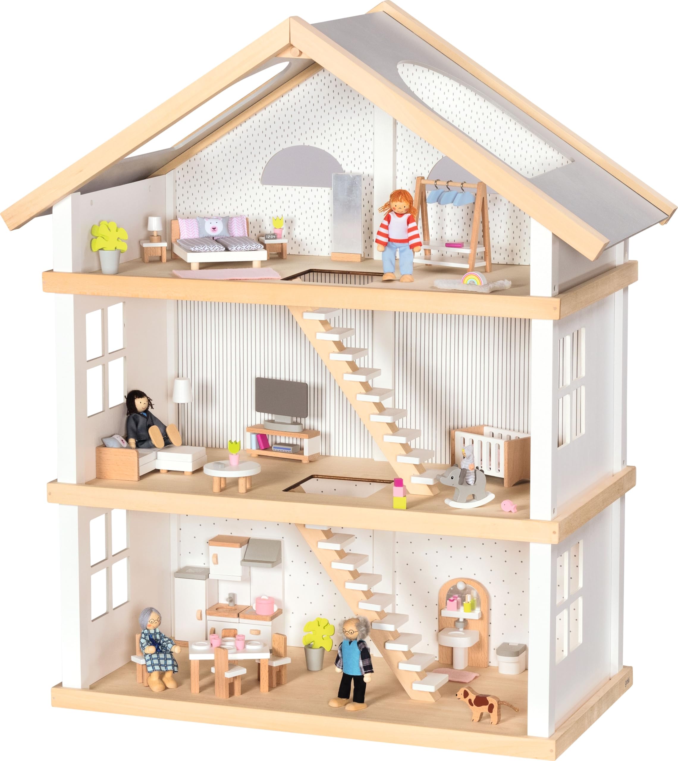 goki 6647 - Puppenhaus Set Lifestyle XL, 72 Teile aus Holz & Textil, Möbelset mit Zubehör, Biegepuppenfamilie, Küche, Badezimmer, Schlafzimmer, Wohnzimmer, 65 x 35 x 88cm, ab 3 Jahre