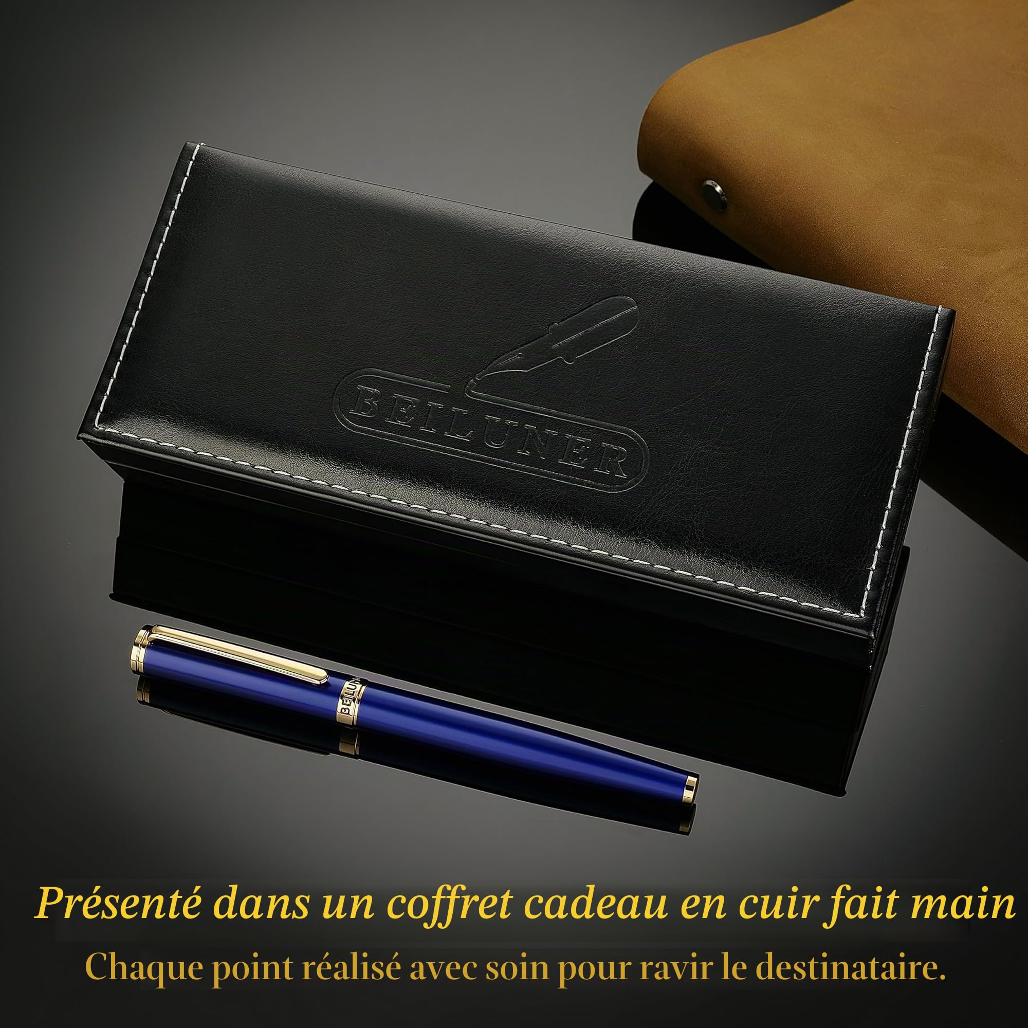BEILUNER Stylo Plume de Luxe, Magnifique Finition Piano Laqué et Or 24K, Cadeau Fiable avec Convertisseur pour Hommes & Femmes, Stylo Élégant pour l'Écriture - Bleu & Or, Plume Moyenne