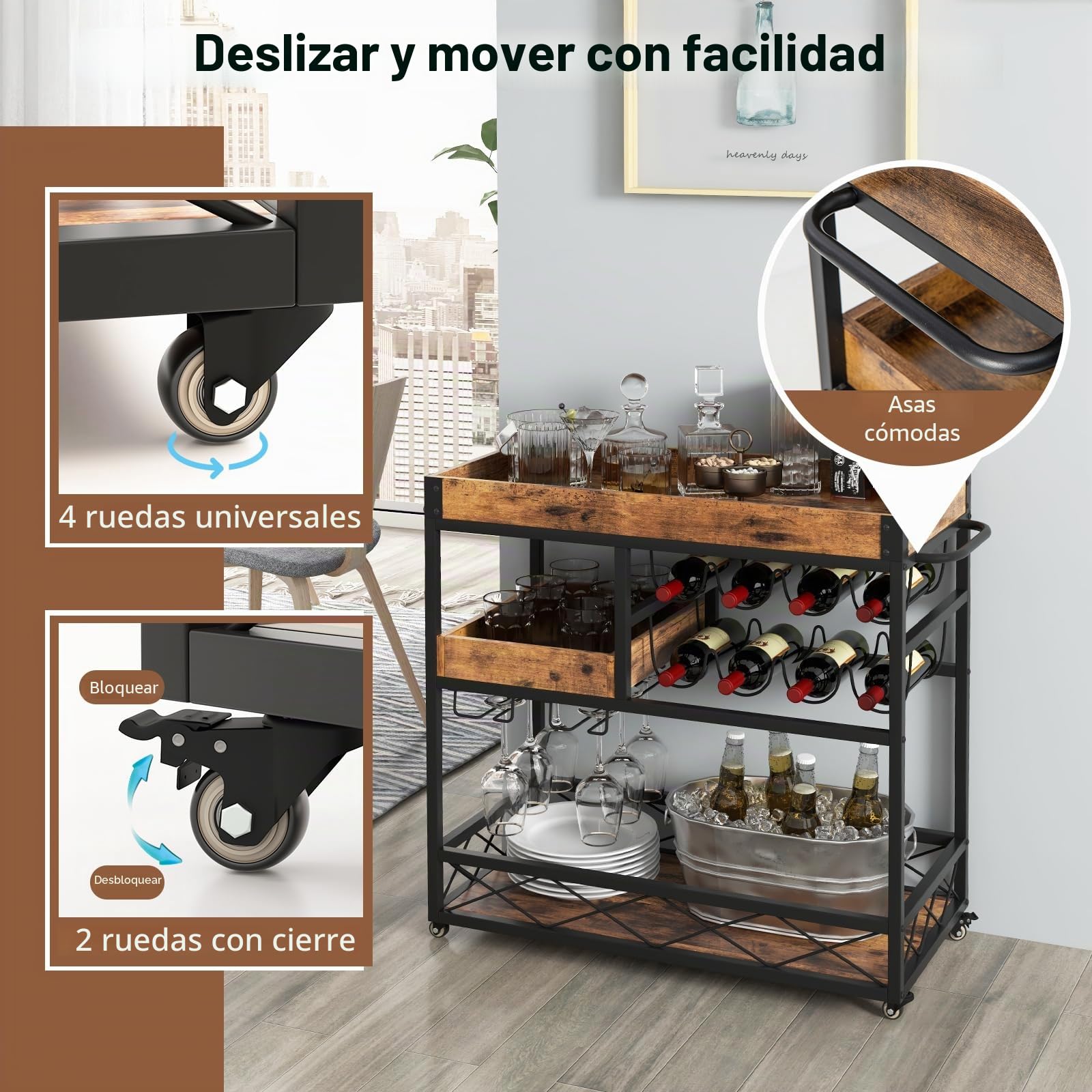 GOPLUS Carro de servir de 3 pisos, carrito de bar móvil con 8 botellas de vino y 12 soportes de cristal, carro de cocina con ruedas universales, asas, carrito de madera para salón y cocina