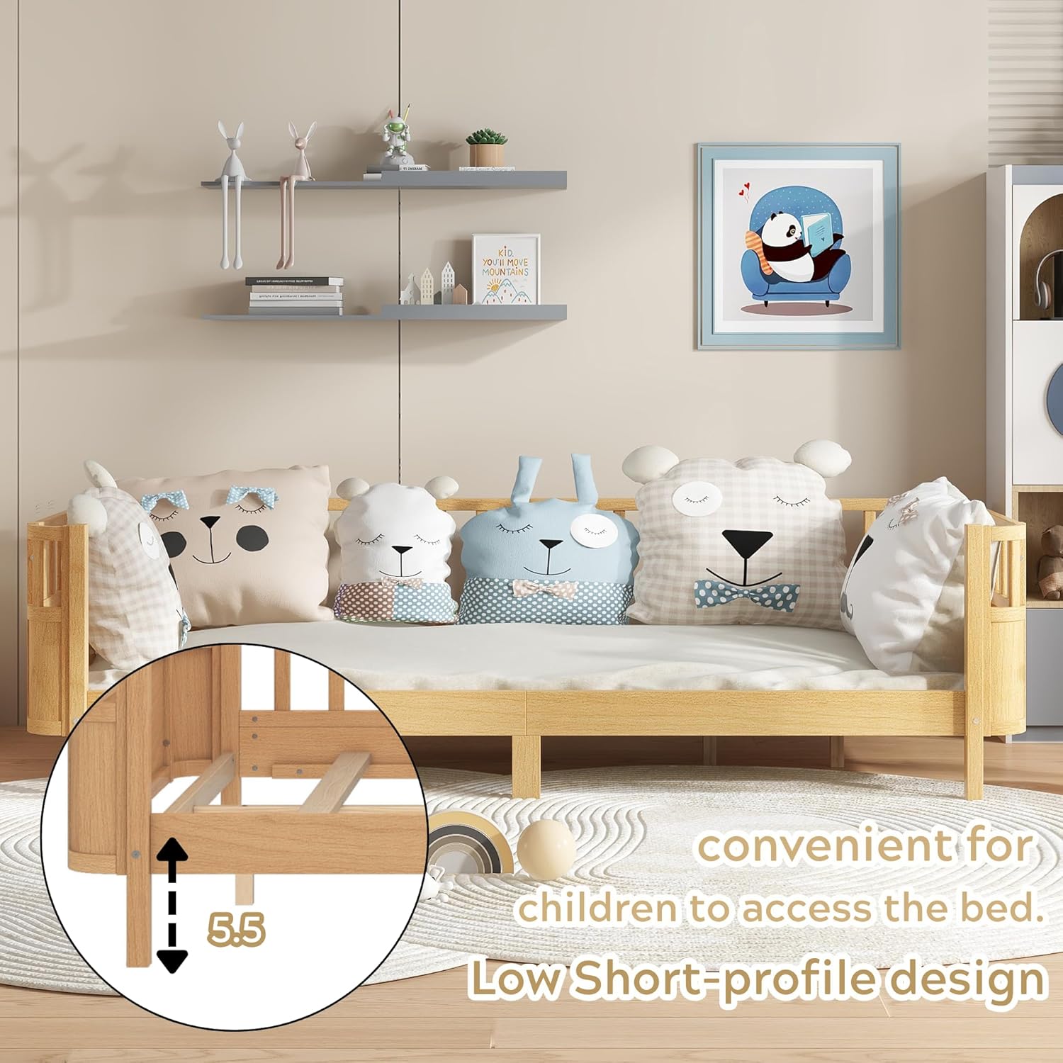 Twin XL Size Bed Frame Kids, Solid Wood Montessori Bed with Detachable Side Fences and Safety Rails, Kids Daybed Frame for Boys’ and Girls’ Room, Low Profile & Rounded Corners Design, Natural