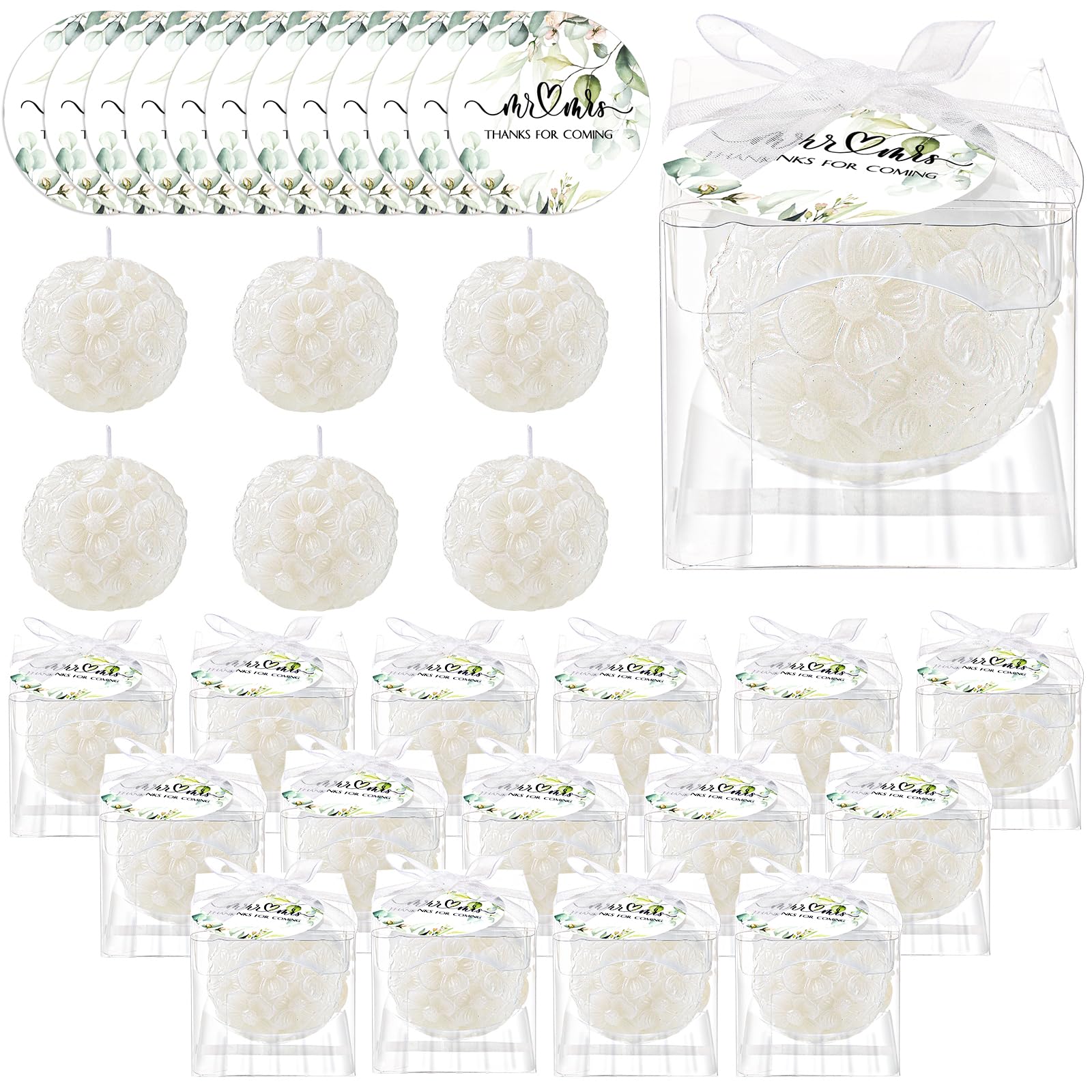 50 Stück Hochzeitskerzen-Set enthält 50 Hochzeits-Rosenballkerzen und 50 grüne Dankeskarten, Hochzeitsparty-Gastgeschenke für Gäste, Brautparty, Gastgeschenke, Hochzeitsrückgabe, Andenken