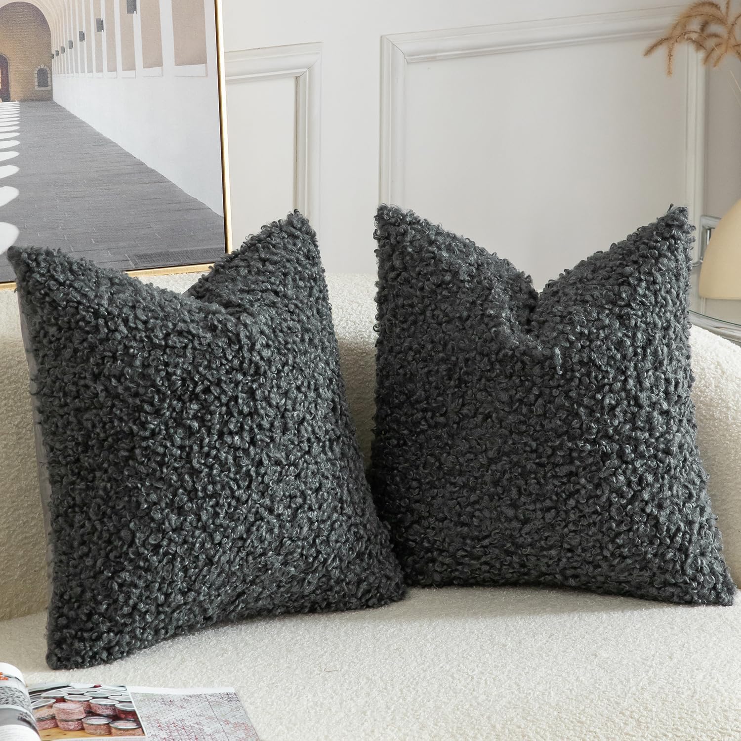 Yaertun Pack of 2 Faux Fur Throw Pillow Covers Decorative Sherpa Boucle Pillow Covers Fuzzy Soft Pillowcases Sheepskin Fleece Cushion Case for Couch Sofa Bed Living Room 20x20 Inch Grey