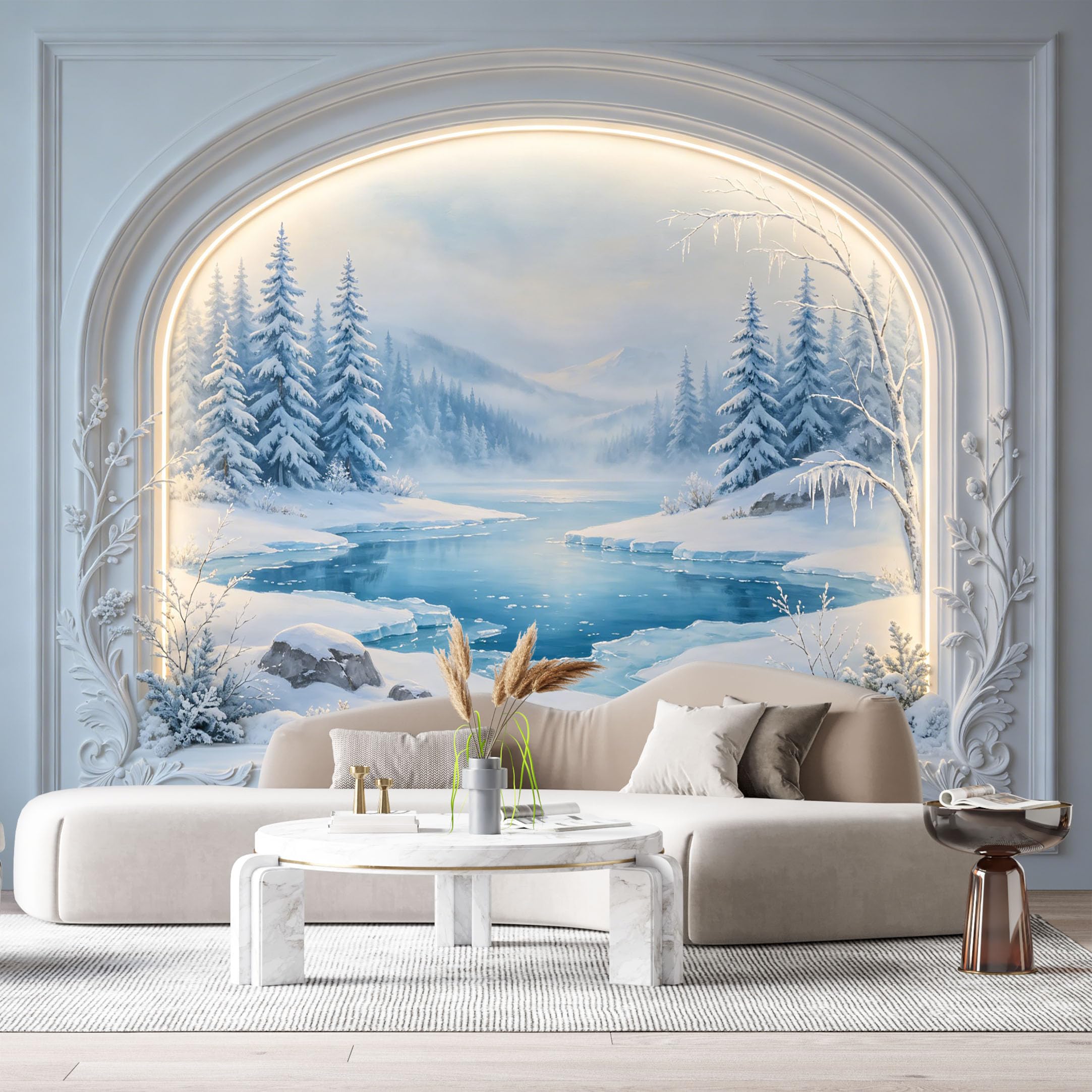 Custom Size Wall Murals Winter Frozen Lake Snow Mountain Pine Tree 3D Trompe L'Oeil SelfAdhesiveWall Fabric Removable Wallpaper Wall Decor for Living Room Bedroom Bathroom