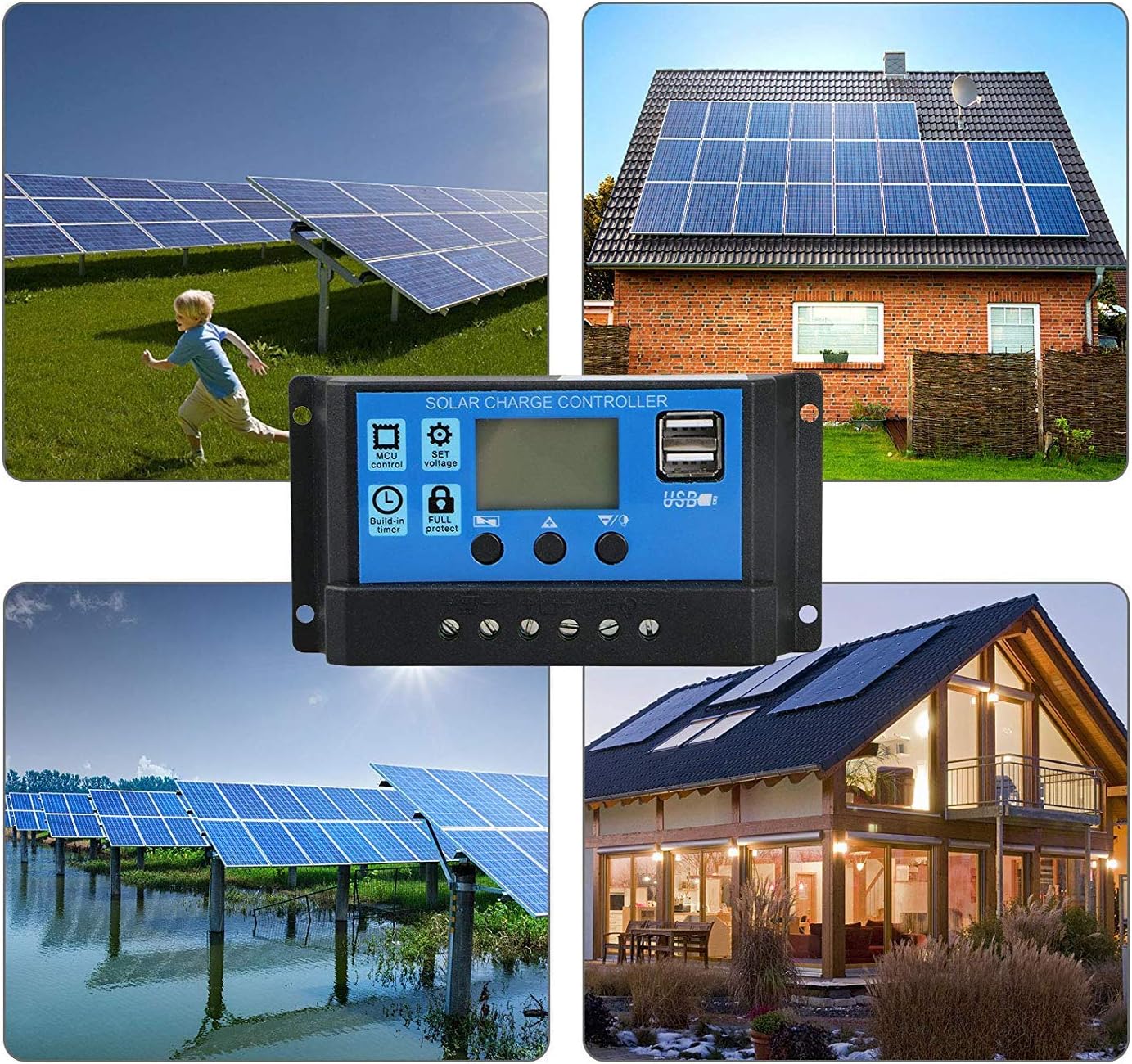Linkhood 30A Solar Charge Controller, Dual USB Port Solar Panel Battery Intelligent Regulator, Multi-Function Adjustable LCD Display Street Light Controller (30A)
