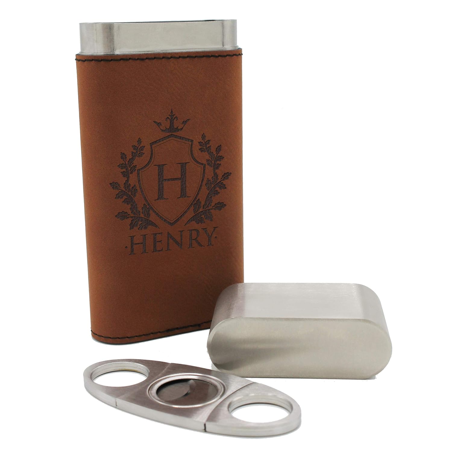My Personal Memories Personalized Cigar Holder Case and Cutter - Custom Engraved and Monogrammed (Rust)